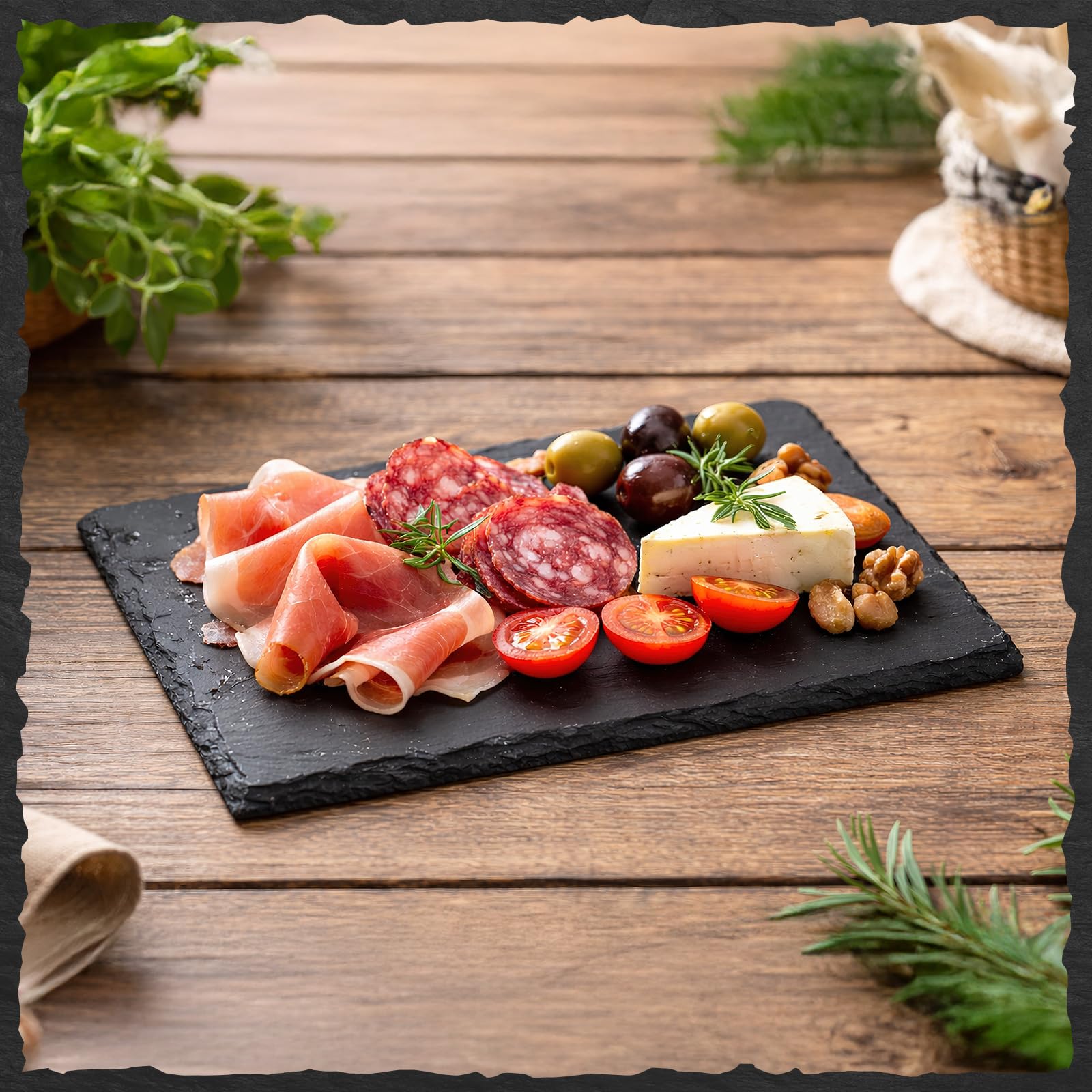 MSYU Paquete de 12 tablas de queso de pizarra negra de 23 x 15 cm, bandeja de pizarra para servir, platos de pizarra para alimentos, sushi, filetes y embutidos