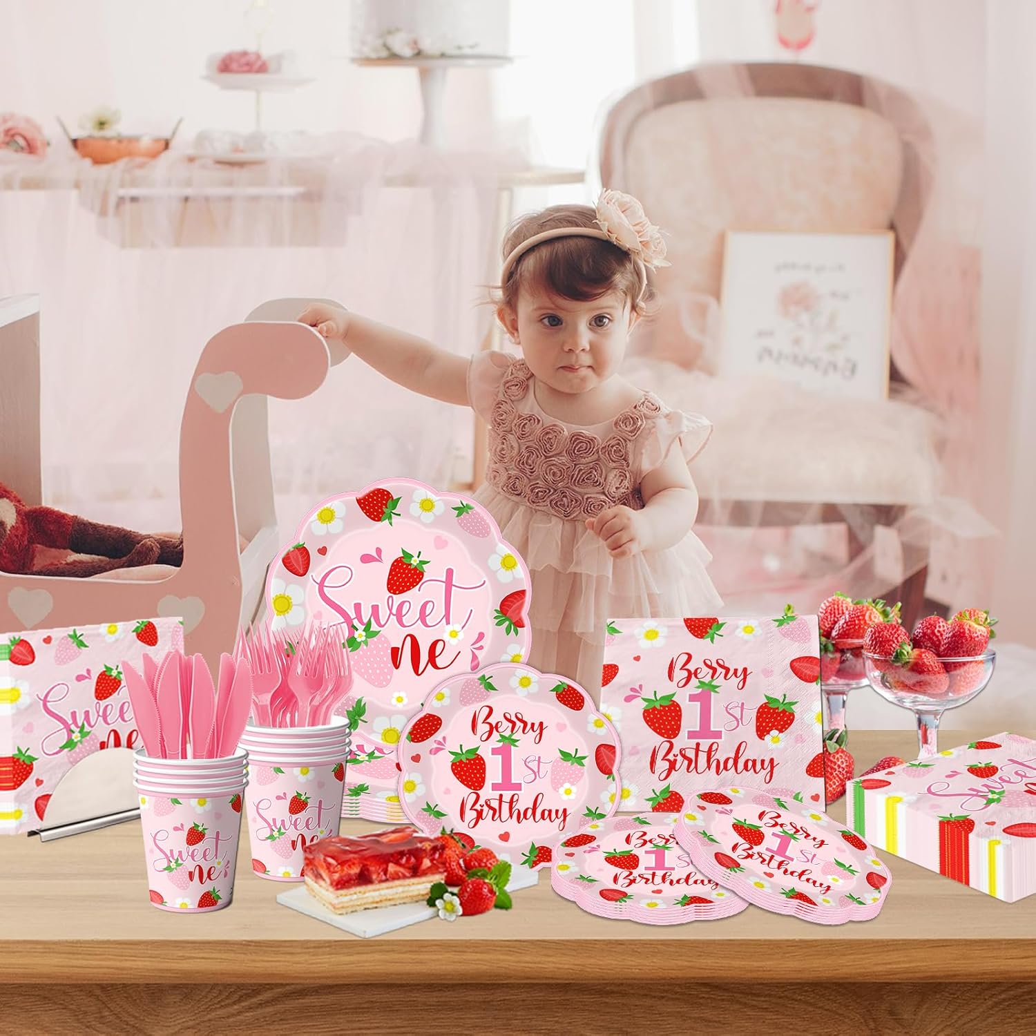 Berry First Birthday Decorations Tableware,150pcs Berry Sweet One Plates and Napkins,Cup, Forks Knives,Strawberry First Birthday Decorations for Girl,Serve 25 - Image 6