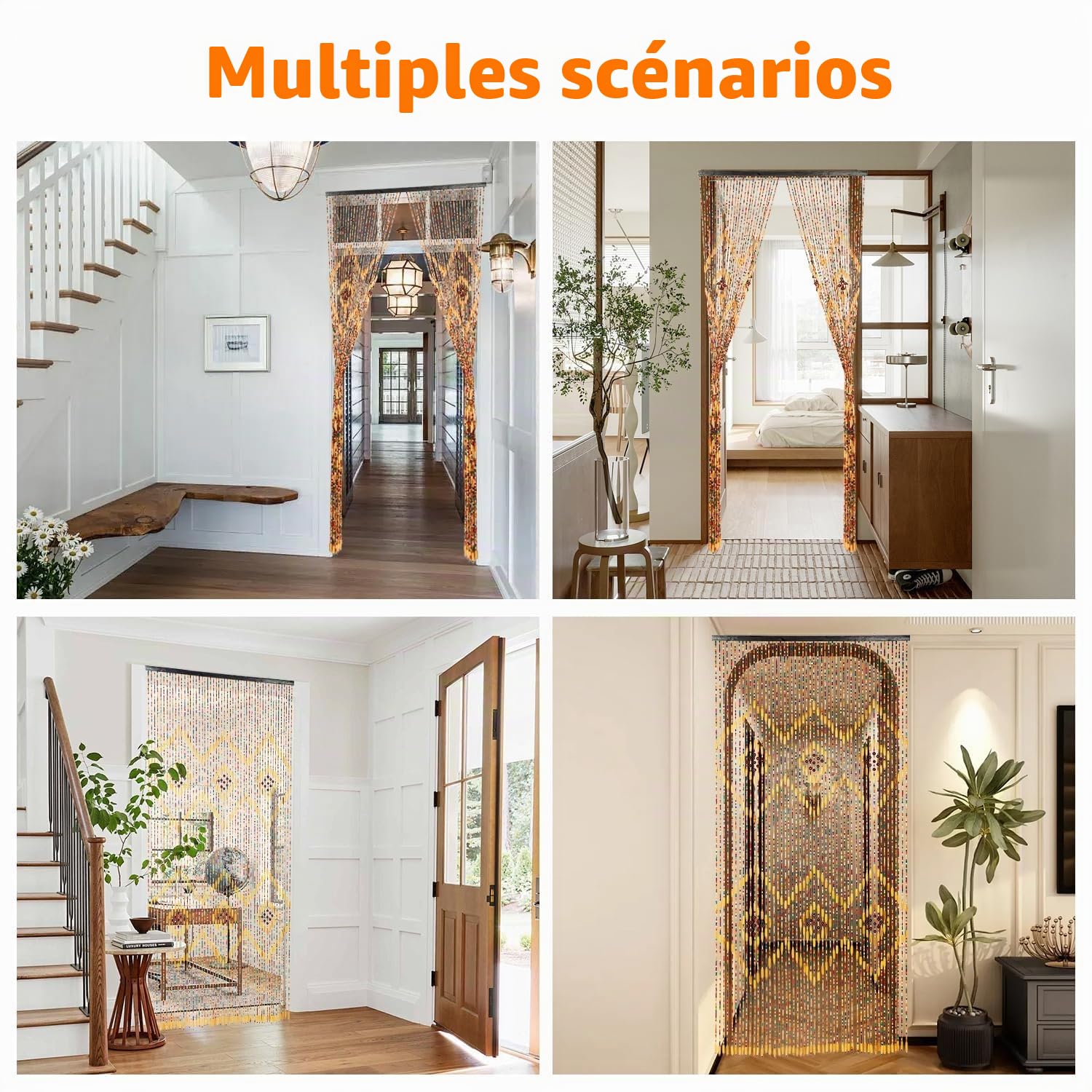 Rideau de Porte en Bambou avec Perles, 52 Fils de Rideaux en Perles pour Encadrements de Porte, Rideau de Porte Moustiquaire en Perles de 90x200cm, Rideau en Perles Diviseur de Porte Fait Main