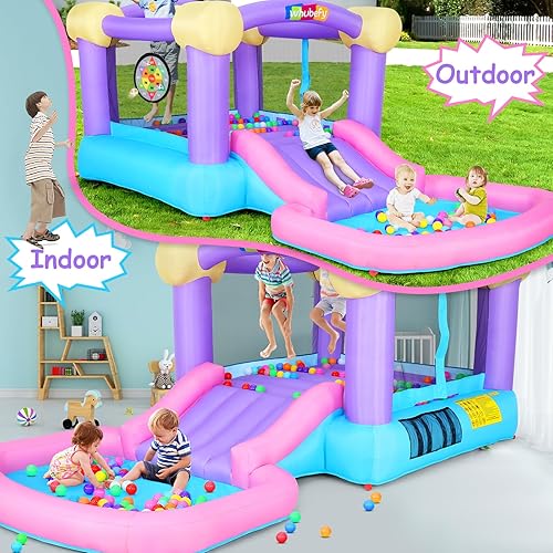 Miniatura 8 de Whubefy - Casa inflable de rebote para niños 3-6, castillo 5 en 1 con tobogán, soplador, piscina de bolas, objetivo de dardos con 6 bolas adhesivas,