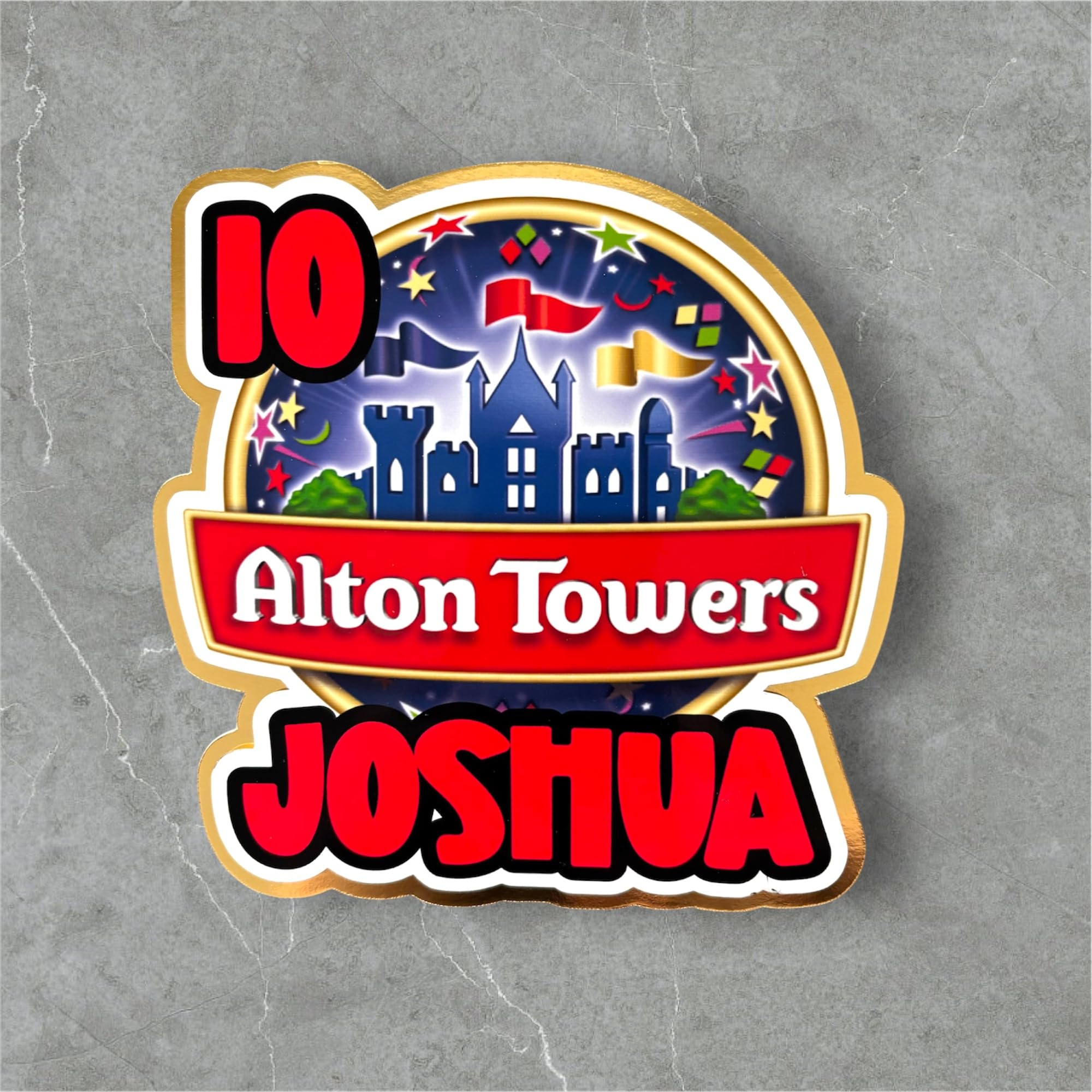 Personalised Alton Towers Themed 6.5" Wide Card Cake Topper
