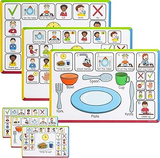 Speech Therapy Placemats for Autism & Non-Verbal Kids (6 Pack) – Visual Communication Boards, ABA Therapy Tools, Toddler Speech Delay Aids – Smarty Mats Waterproof Wipe-Clean Mealtime Mats