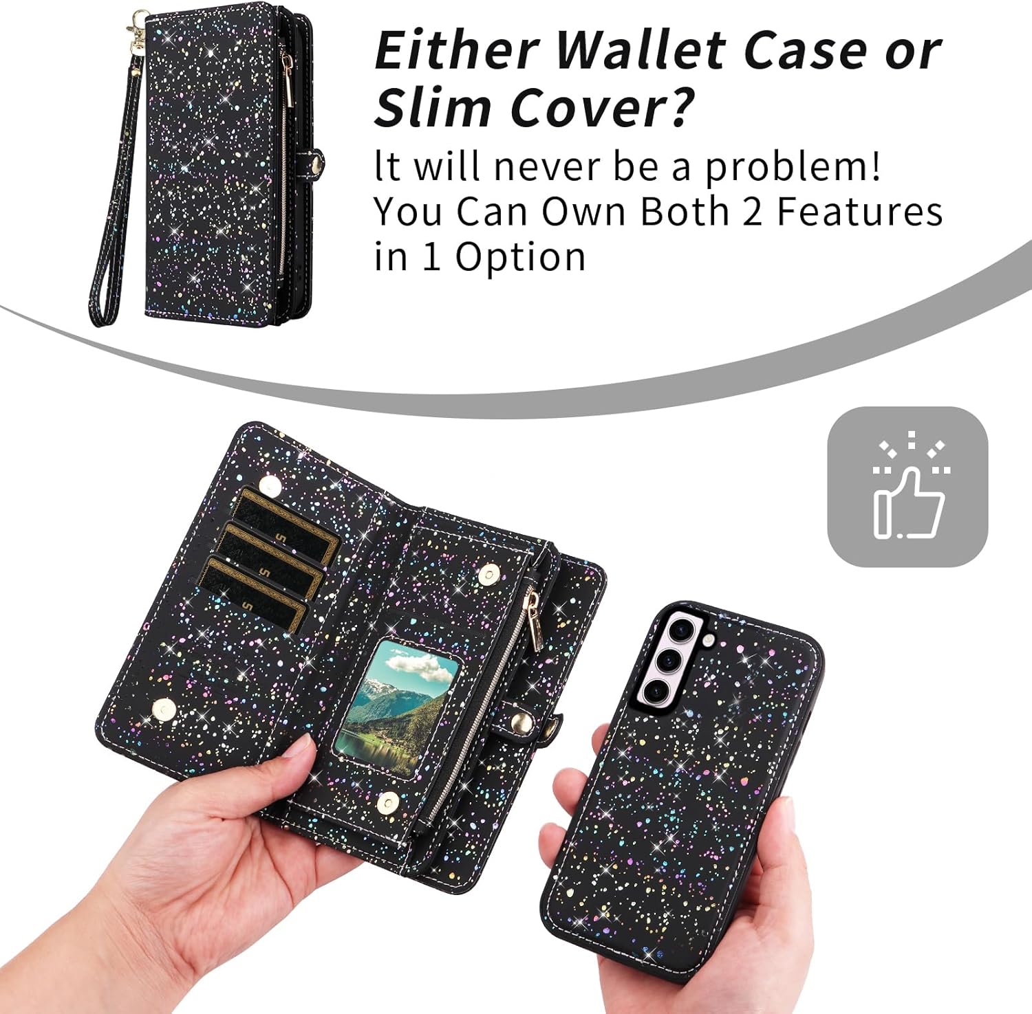 Asuwish Phone Case for Samsung Galaxy S23 5G Zipper Wallet Magnetic Detachable Cover with Screen Protector and Glitter Card Holder Slot Stand Cell S 23 23S GS23 G5 SM-S911U 6.1 inch Women Men Black