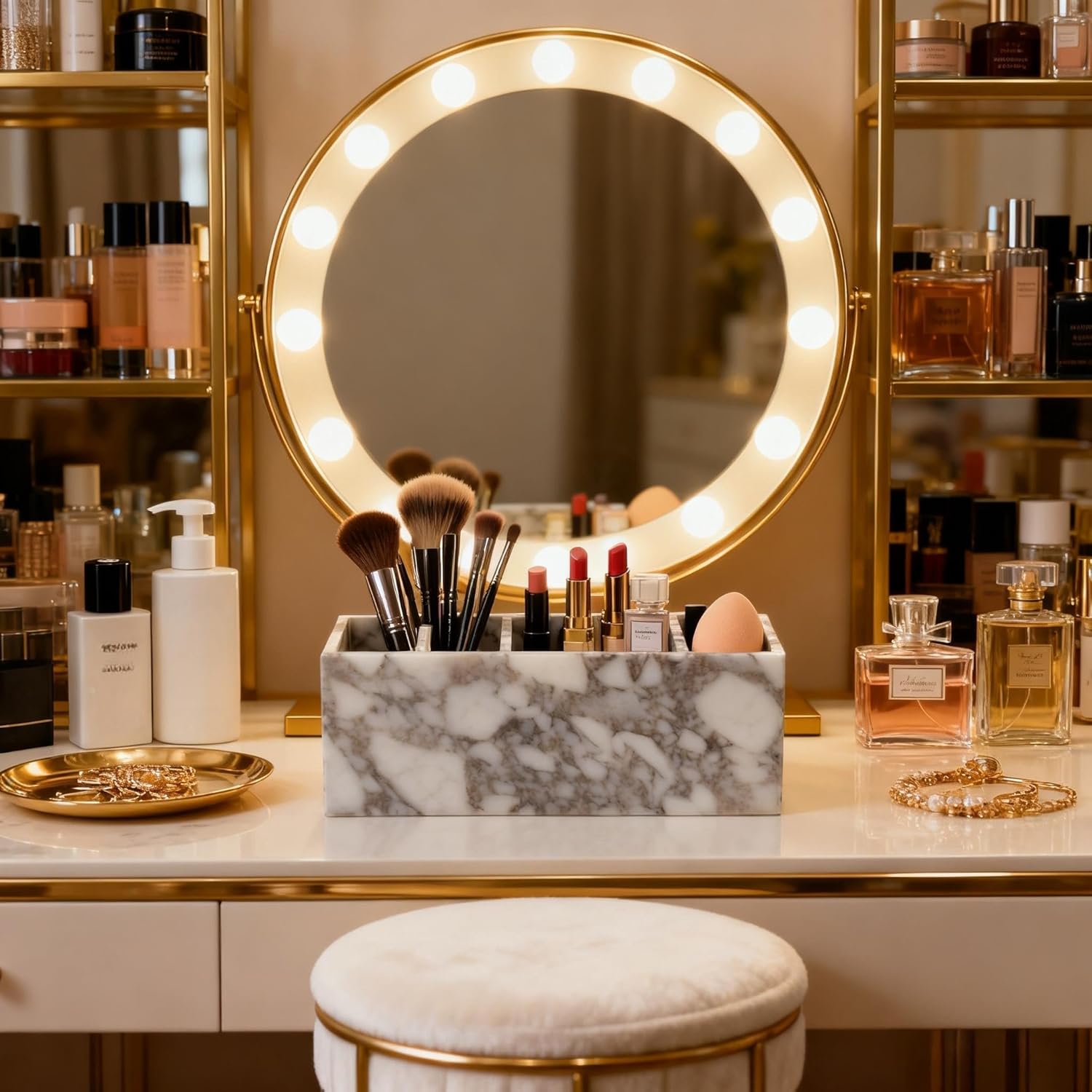 5-Tier Marble Desktop Organizer for Office & Beauty Tools - Stackable Makeup Brush Storage, Coffee Accessories Holder with Natural Stone Pattern, Multi-Layer Countertop Tray