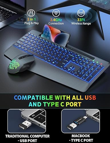 Miniatura 5 de Retroiluminación inalámbrica para teclado y mouse, reposamuñecas, mouse Jiggler, teclado ergonómico recargable con soporte para teléfono, combo de