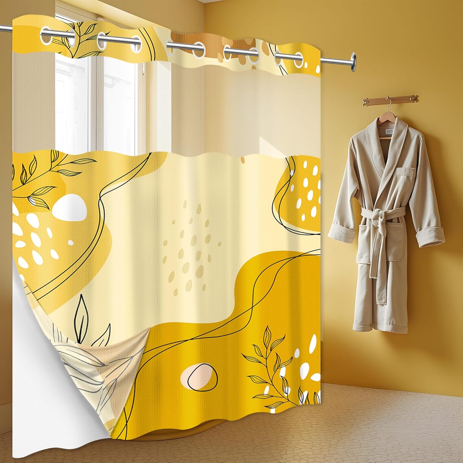 Mustard Yellow Hookless Shower Curtain Mesh with Snap in Liner, Light Boho No Hook Double Layer Shower Curtain and Liner Set, Ringless with Window Waterproof Cloth Fabric, 71" W x 74" L