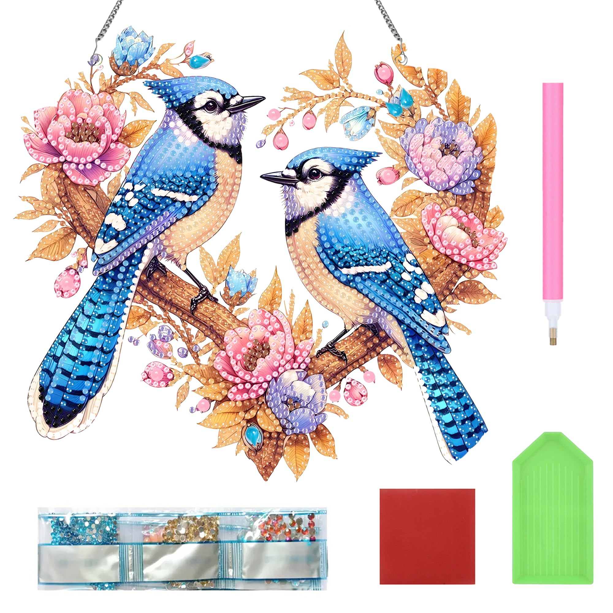 5D Diamond Art Sets for Adults, DIY Diamond Hanging Painting Kits with Chain, Acrylic Crystal Gemstone Painting Art Ornament, Colourful Craft Kit for Window Wall Home Décor and Gifts (Two Birds)