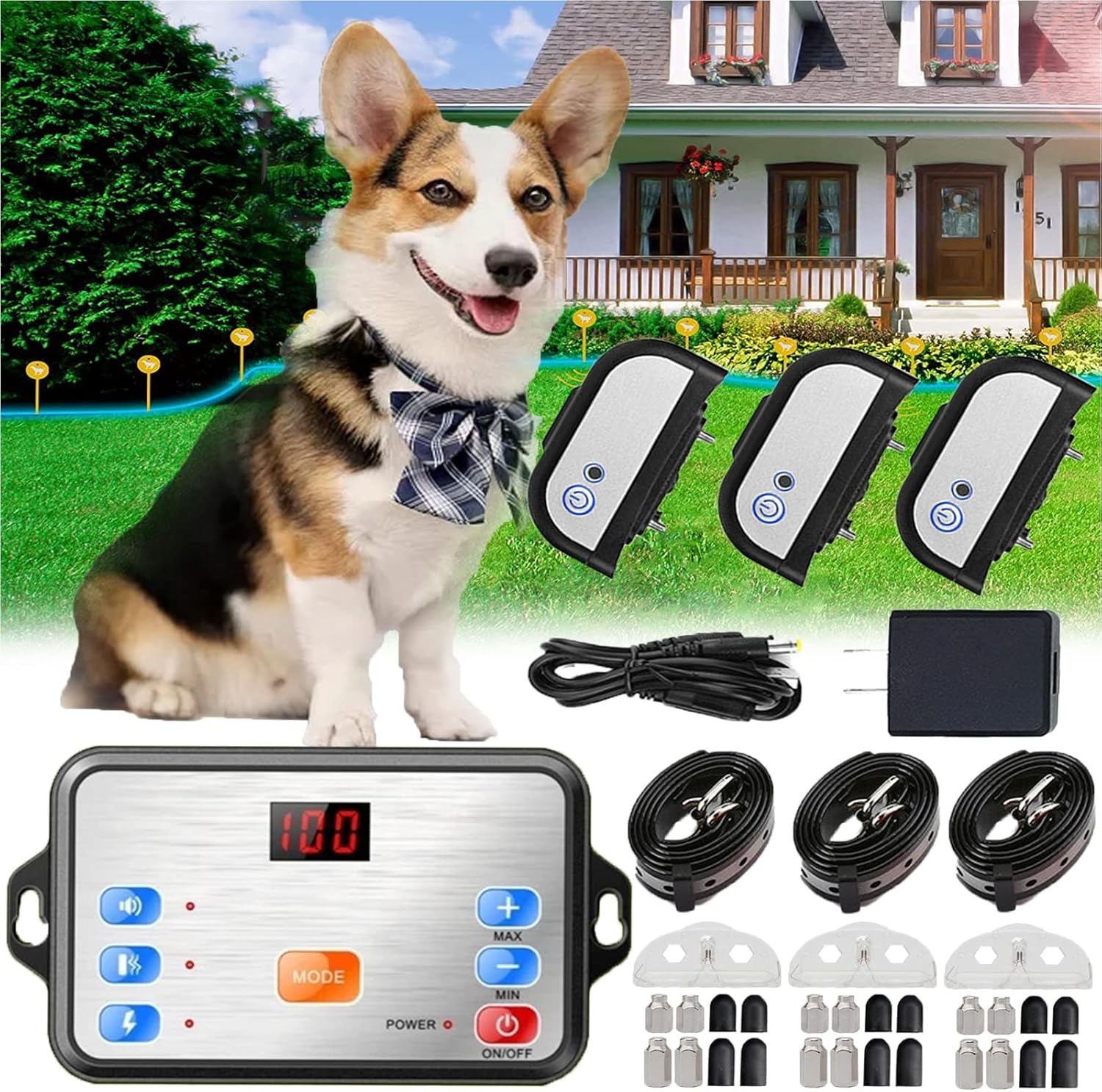 2 in 1 Wireless Dog Fence Electric pet Containment System Dog Boundary Container,with Waterproof Rechargeable Training Collar Receiver,Adjustable Range up to 990ft,Safe Effective,for All Dogs,for1dog