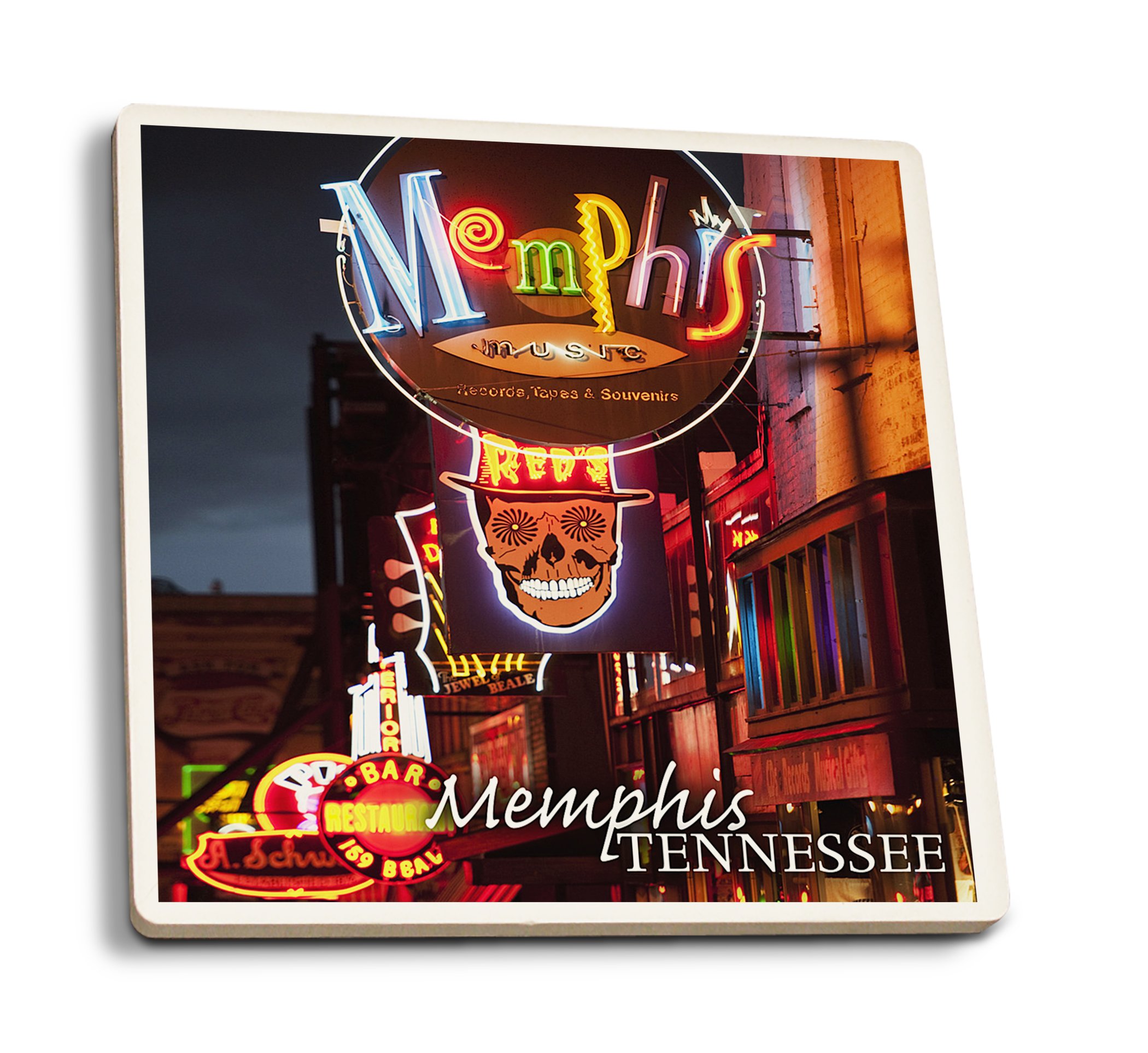 Memphis, Tennessee, Beale Street (Absorbent Ceramic Coasters Set of 4 Matching Images, Cork Back, Kitchen Table Decor)