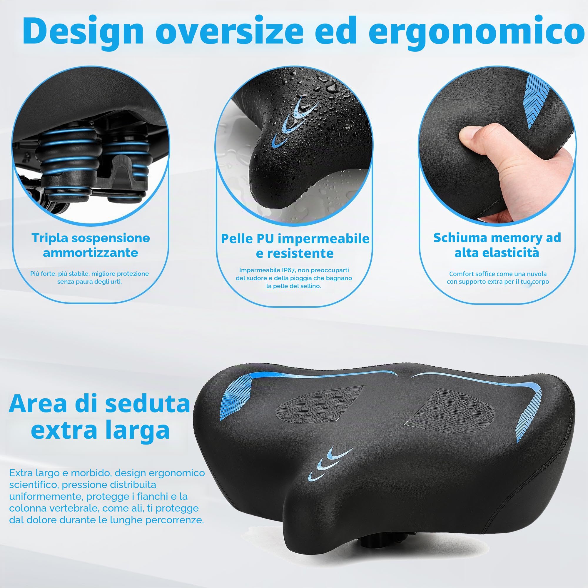 CDYWD Extra Larga Sella Bici Comoda Uomo e da Donna, Sellino Bici Morbido per Antiprostata, Con Sospensione, Ergonomica Profilo Alare, Sedile Bici per Biciclette da MTB, City Bike, Ebike, Cyclette