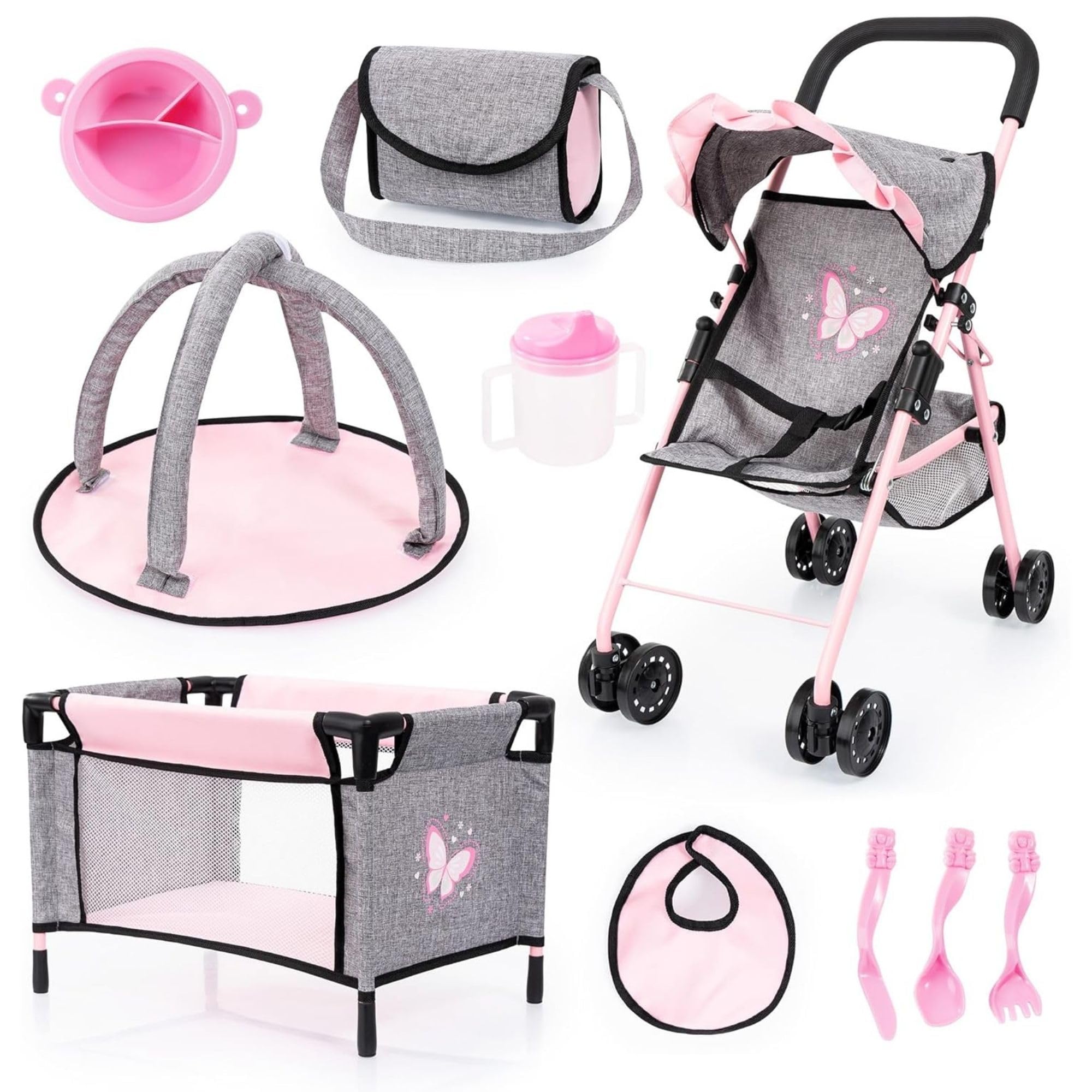 Bayer Pink Dolls Stroller 10 Pieces - Baby Doll Pram Set with Kids Pushchair for Dolls 46 cm, Cot, Play Mat, Feeding Accessories, Changing Bag, Basket - Toy Buggy for Girls, Toddler