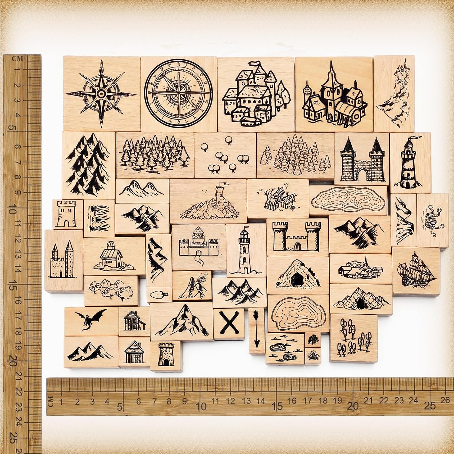 Marspark 48 Pcs Map Making Stamp Kit Compass Mountains Vintage Rubber Stamp Kit Compass Outdoor Scenery Stamps for RPG Adventures Storytelling Creative Projects DIY Crafts Scrap Booking Supplies