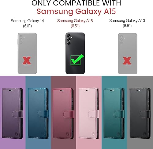 Miniatura 2 de Funda tipo cartera para Samsung Galaxy A15 5G, con bloqueo RFID, soporte para tarjetas de crédito, de piel sintética, función atril, funda