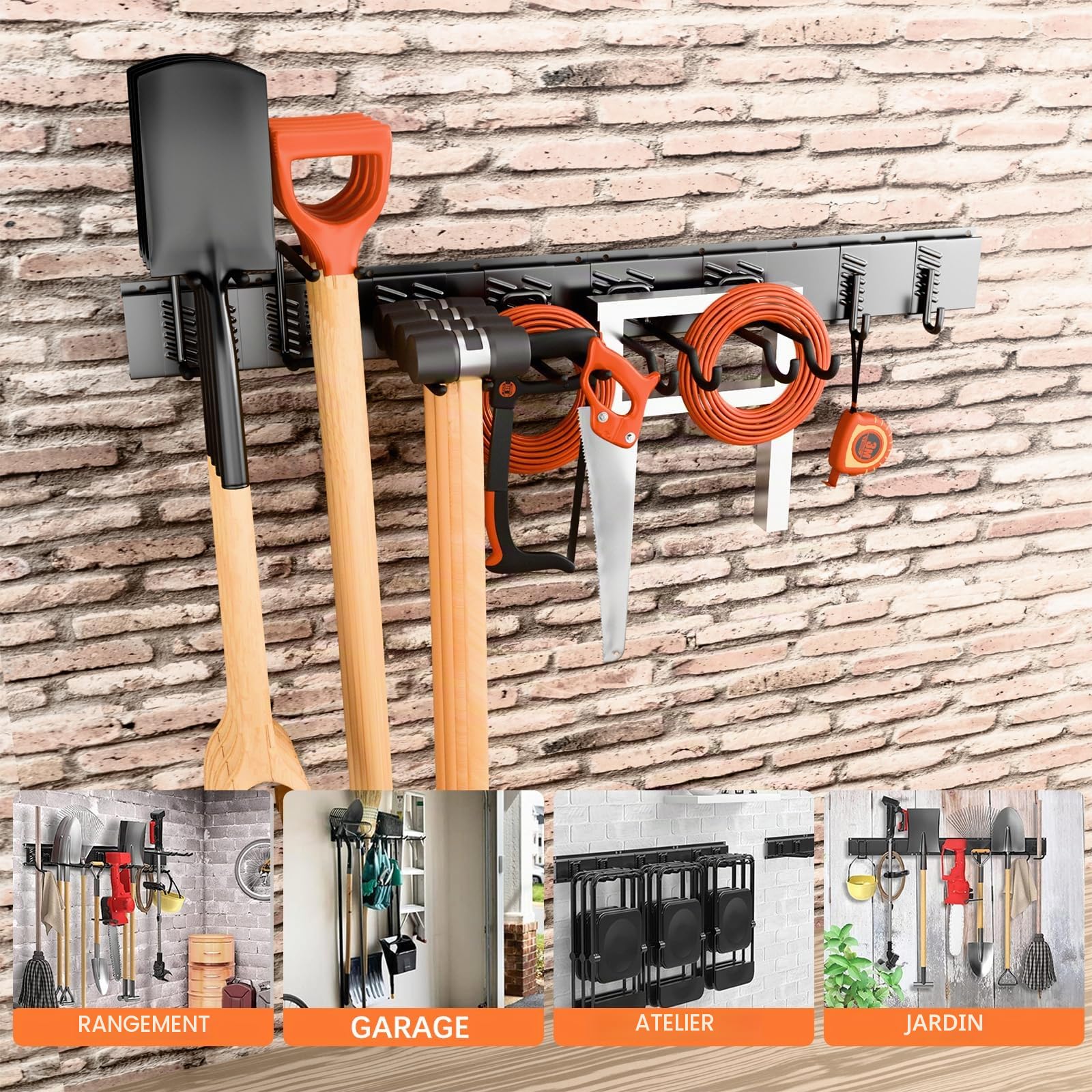 Support Réglable pour Outils de Jardin de 120 CM, Support Mural avec 3 rails et 8 Crochets, Tool Holder Wall Mounted Organizer de Ski, Adapté au Garage,à la cave, à la Terrasse (Noir)