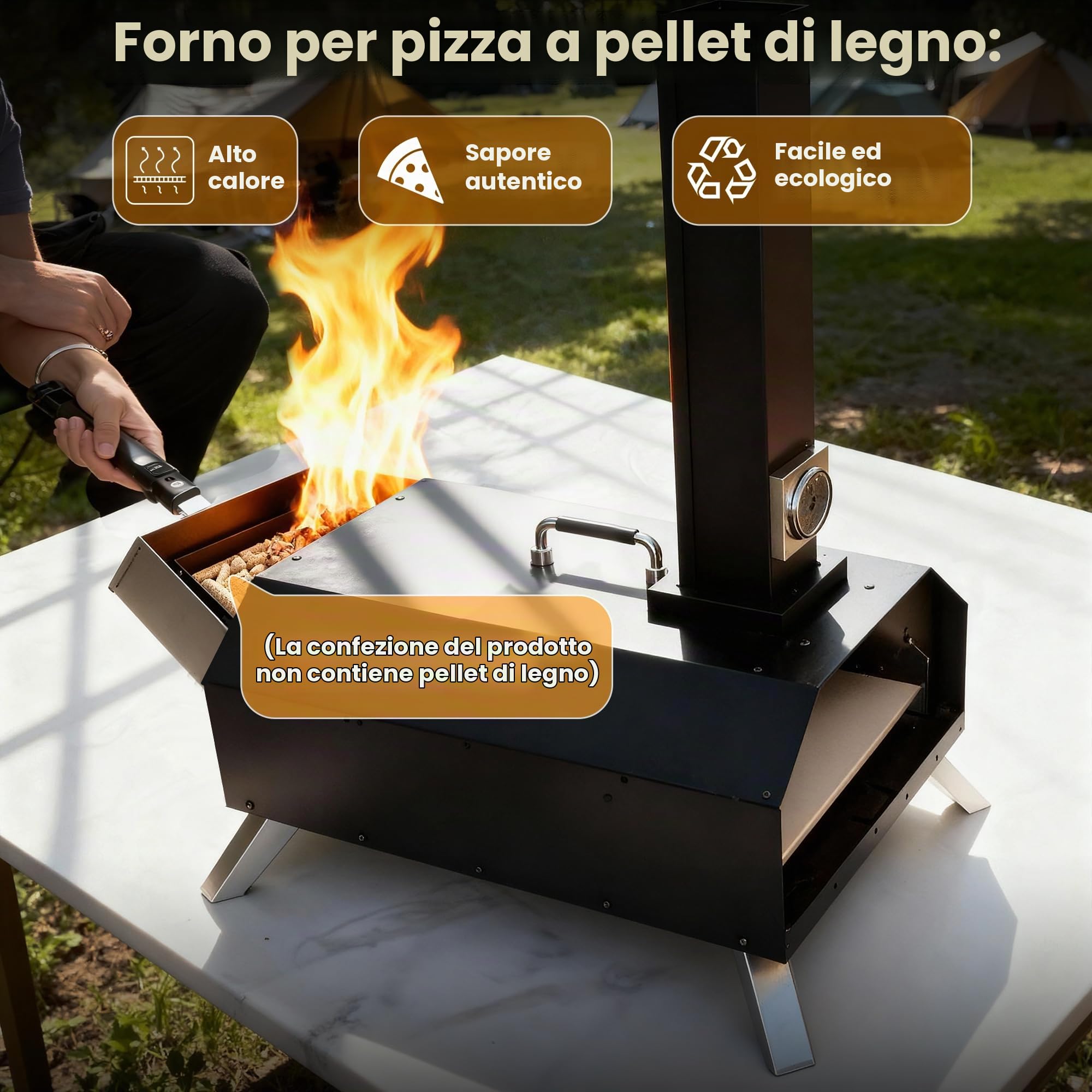 Forno per pizza a pellet di legno pieghevole portatile, 28cm | per uso esterno, termometro integrato e pietra quadrata per pizza, ideale per campeggio, cortile, patio, giardino e feste