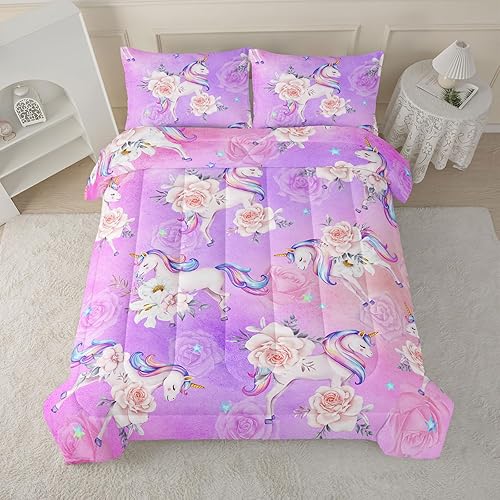 BailiPromise Juego de edredón de rosas tamaño individual, diseño de unicornios para niños, lindos dibujos animados de unicornios, rosas, juego