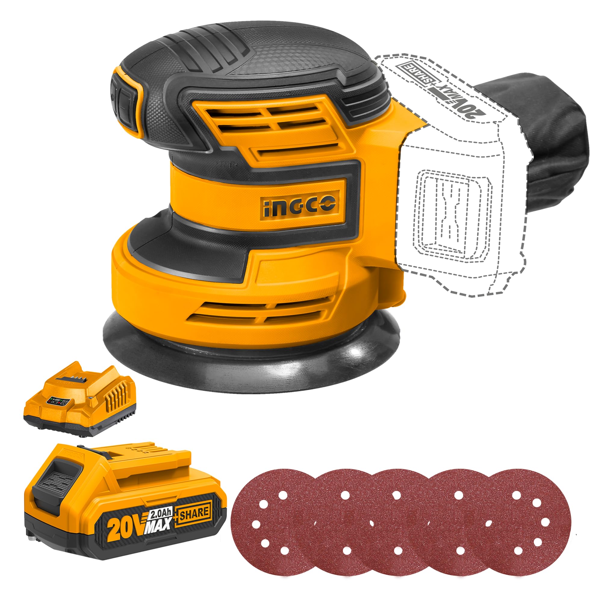 INGCO Cordless Random Orbital Sander, 10000 rpm, Bottom size: 125mm, With 1pcs 2.0Ah Battery and Charger, With 5 PCS sand paper (B0CXXK5GVW) Amazon Price History, Amazon Price Tracker
