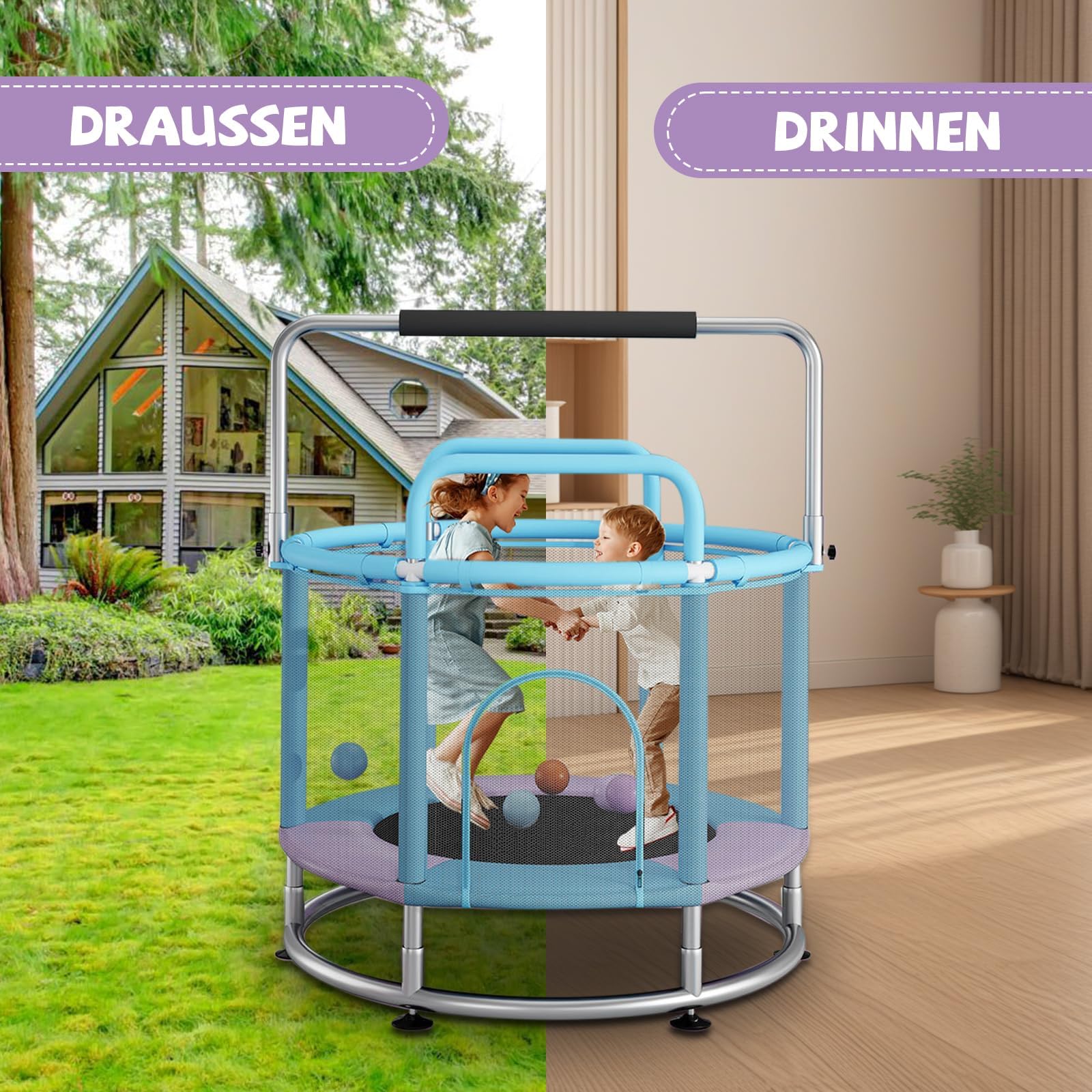 Trampoline pour enfants, avec filet sur tout le pourtour et barres de gymnastique réglables pour l'intérieur, l'extérieur, pour enfants, garçons, filles, 140 cm