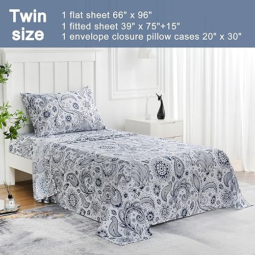 Miniatura 2 de JSD - Juego de sábanas tamaño individual de microfibra suave con estampado de cachemira en azul marino, 3 piezas, esquinas tipo bolsillos