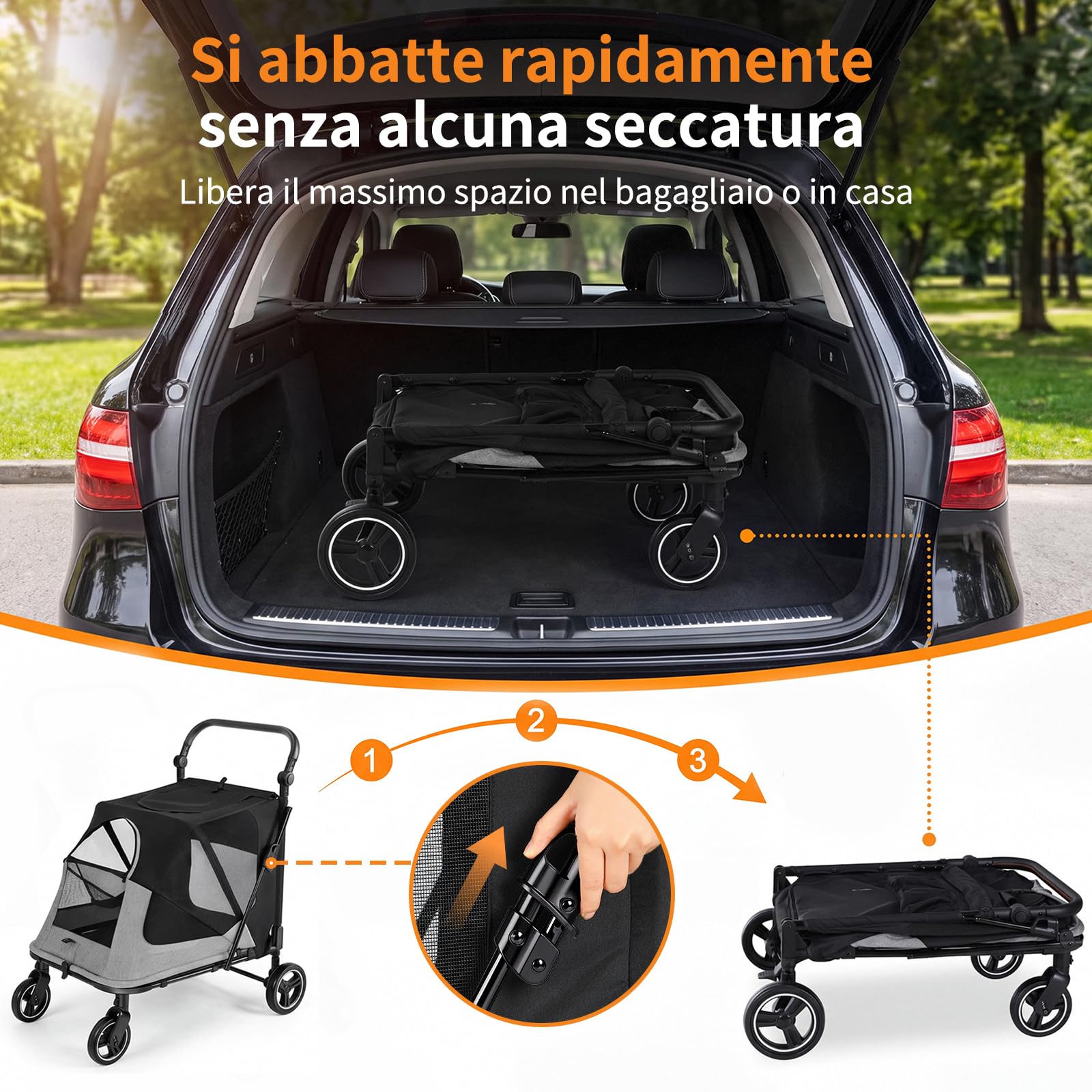 MAMIZO Passeggino per Cani Pieghevole, Carrello per cani gatti fino a 30kg | Passeggino con 2 ingressi, Finestre a rete, Lucernario, tasca posteriore, Manico regolabile,4 PCS ruote, cani media e grande