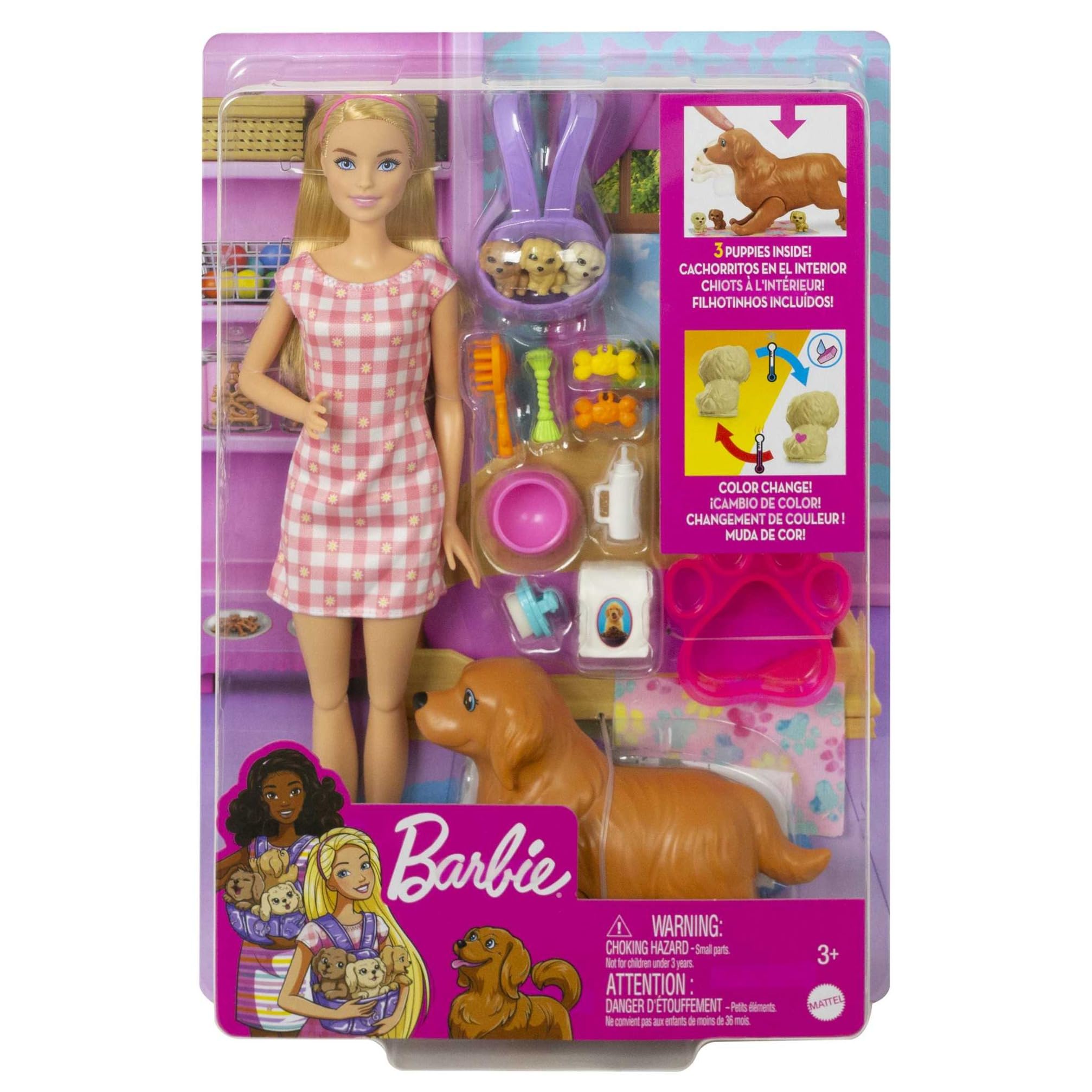 Barbie Perritos recién Nacidos Muñeca Rubia con Perrito y Accesorios de Juguete, Regalo para niñas y niños +3 años (Mattel HCK75)