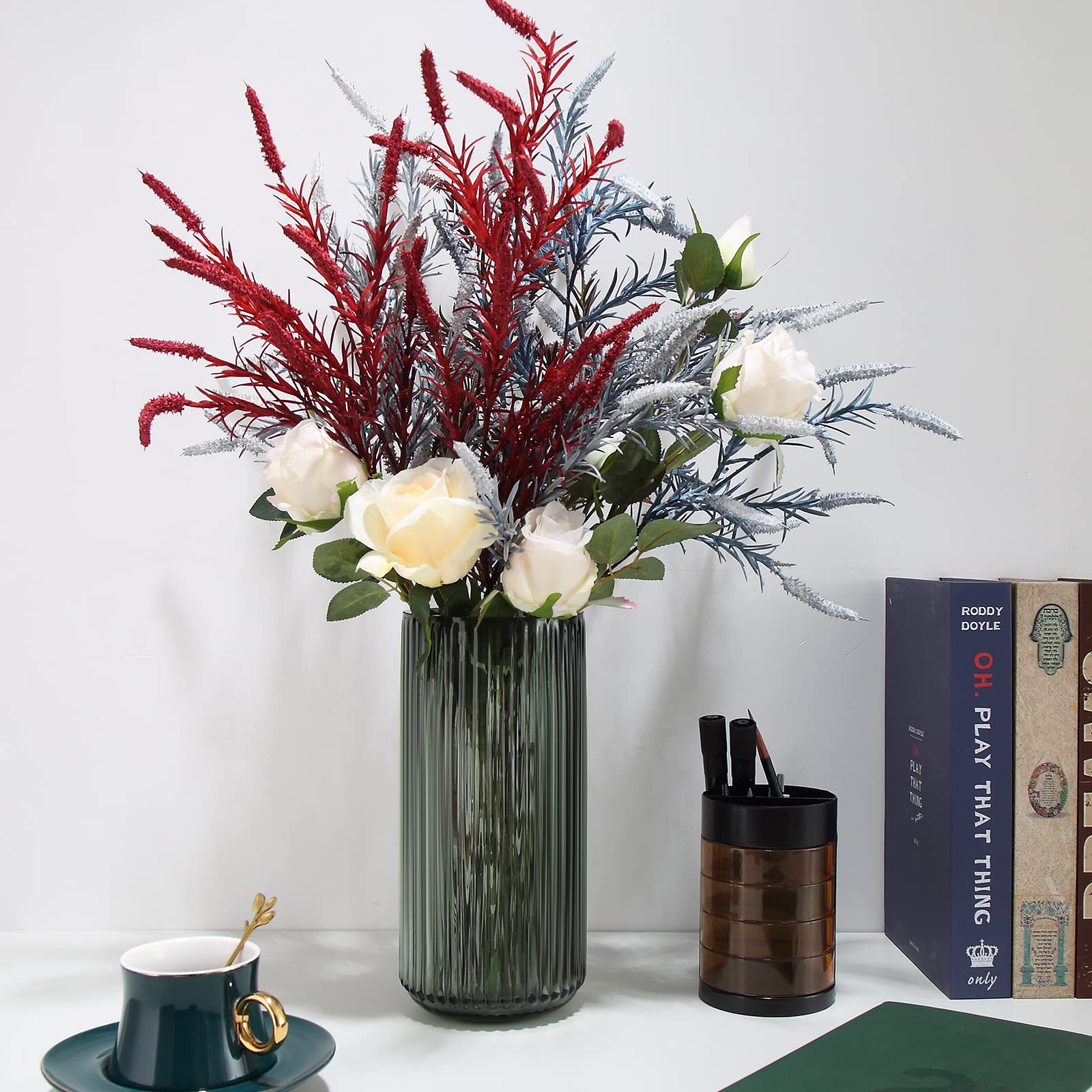 Florero Grande de Vidrio Verde Acanalado con Forma de Cilindro para decoración de centros de Mesa de Comedor de Estilo rústico