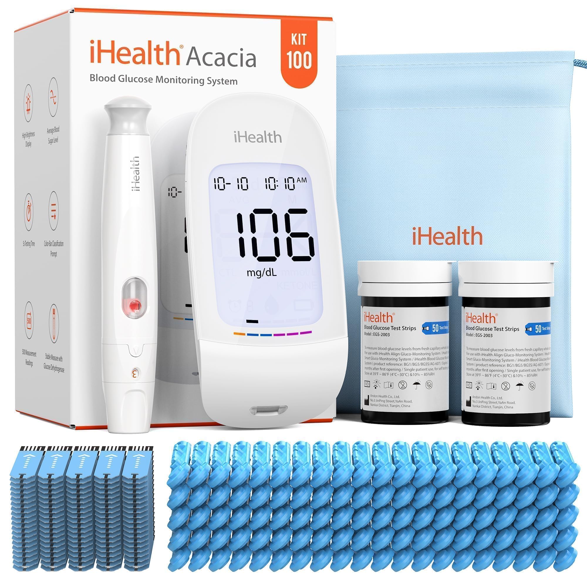 iHealth Acacia Blood Glucose Monitor Kit, 100 Glucometer Strips, 100 Lancets, 1 Blood Sugar Monitor, 1 Lancing Device, 1 Travel Bag, No Coding, Portable Blood Sugar Testing Kit, Diabetes Testing