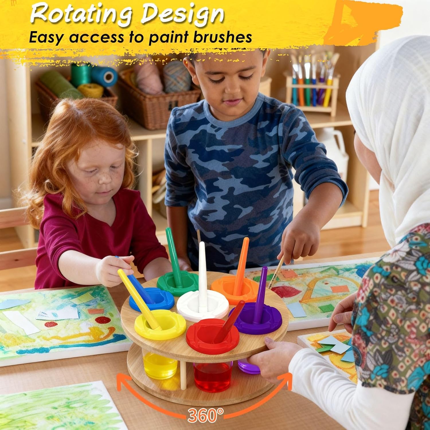 Paint Cups with Lids for Kids, 7pcs Spill Proof Painting Cups with Rotating Holder Toddler Paints Brushes No Spill Paint Cups with Kids Art Smock Paint Containers Art Supplies for Classrooms - Image 2