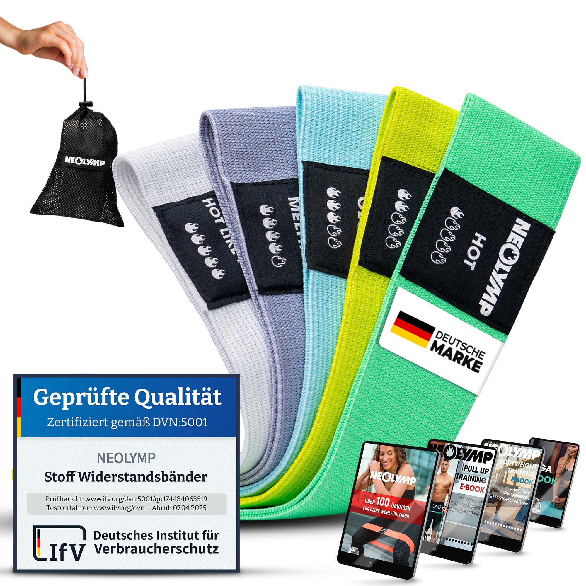 NEOLYMP Premium Fitnessbänder (5er Set Green Edition) - Widerstandsbänder aus Naturlatex, Gymnastikband aus 5 Stufen - Resistance Bands Hautfreundlich, für Krafttraining und Yoga