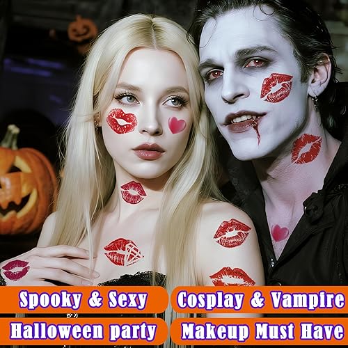 24 PCS Halloween Makeup Eye Temporary Tattoos Waterproof, Upper & Lower Lash Design Spider Web Bat Eyeliner Eye Shadow Tattoos Makeup Kit for Adult Women Men Girls Cosplay Halloween Party Decals(Lip Prints)