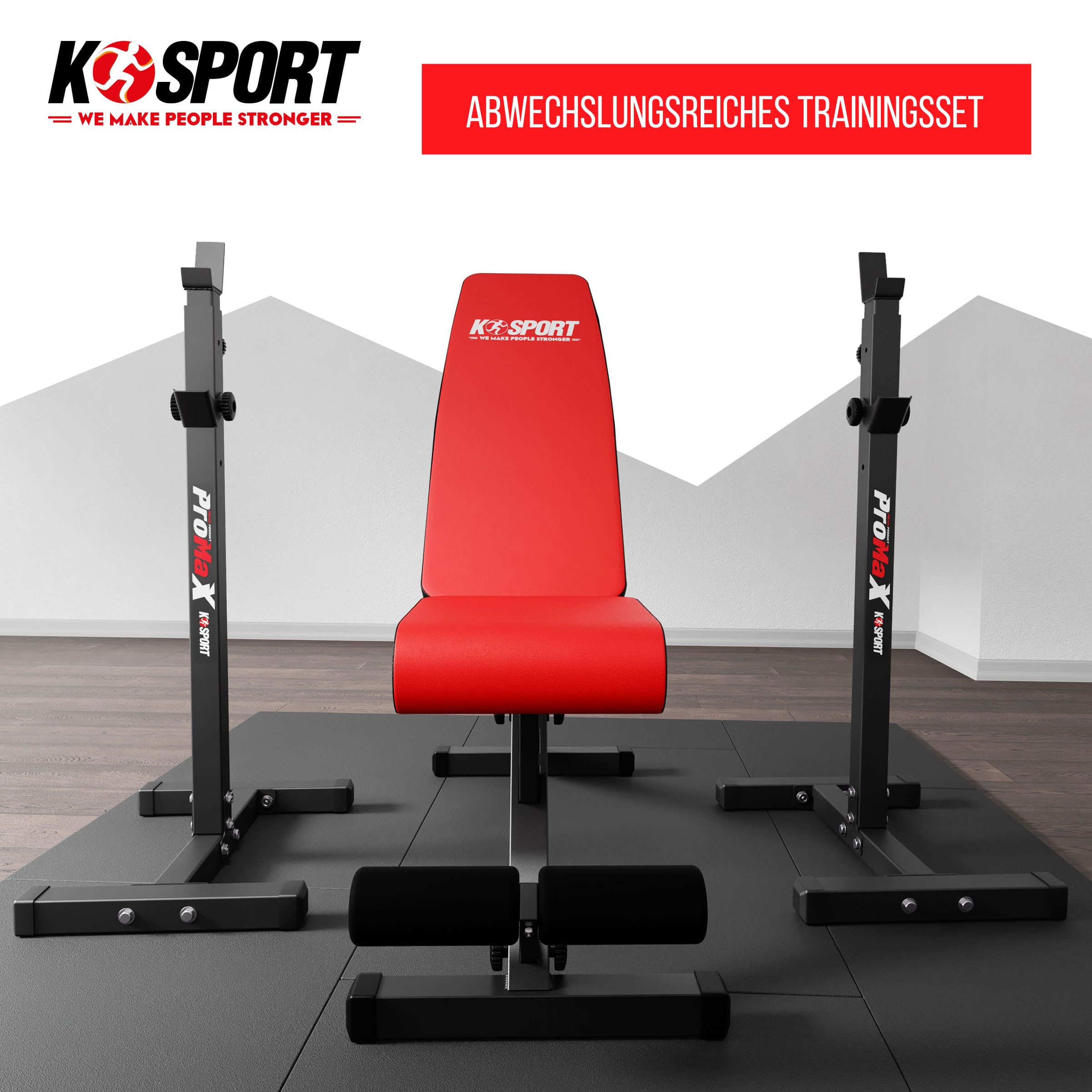 K-Sport Trainingsset: Langhantelablage bis 180kg mit verstellbarer Hantelbank I Squat-Rack für Langhanteltraining I Flachbank mit Beincurler, inkl. E-Book