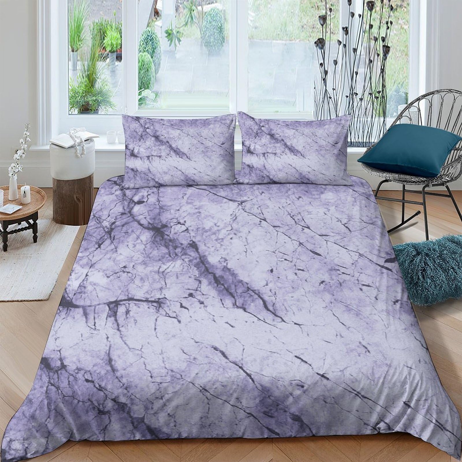 P5V6M1Q9 3D Printed Marble Purple Duvet Cover Microfiber Soft Breathable Tie Dye Bedding Set with 2 Pillowcases for Bedroom Decor Single（135x200cm）