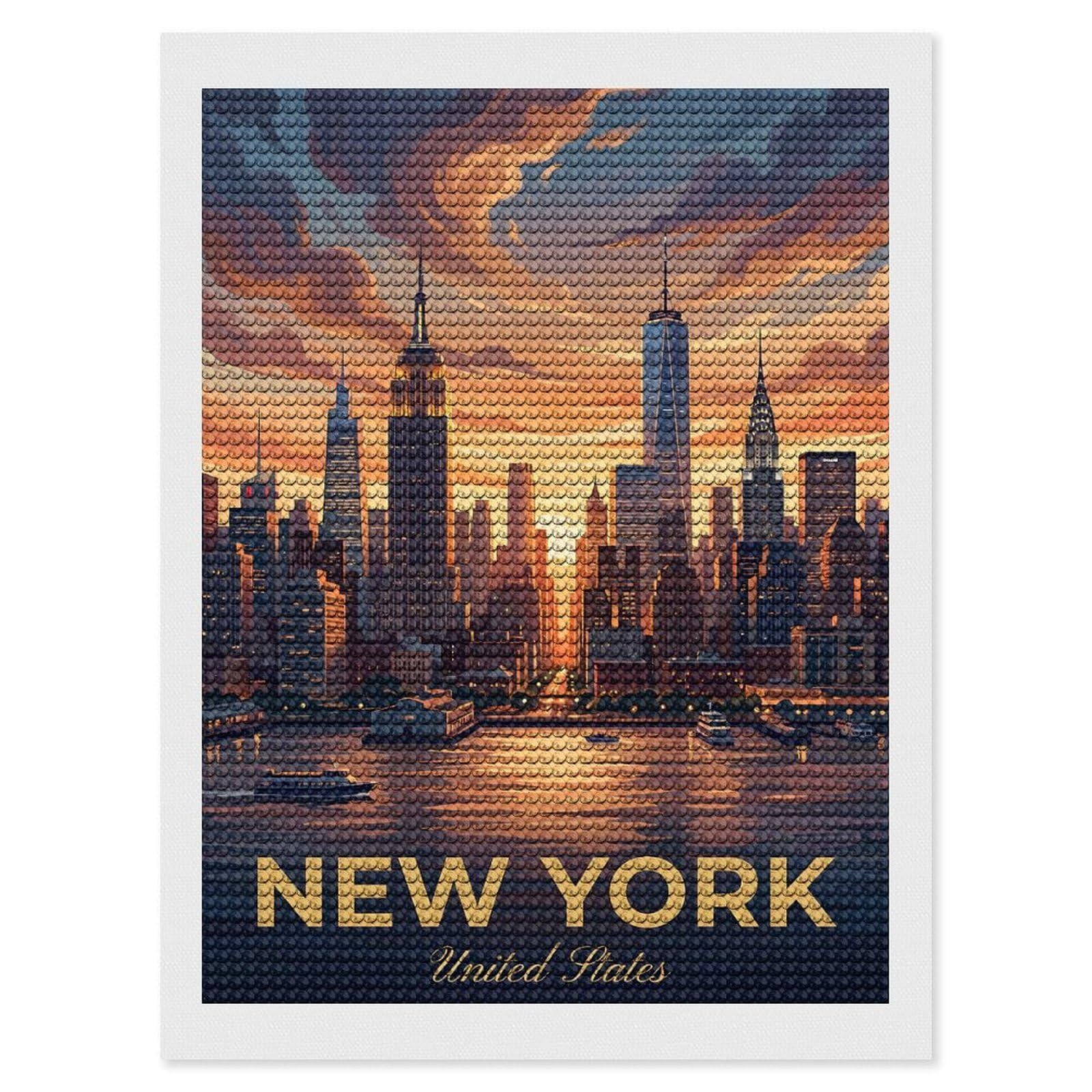 Junmoney New York City Skyline at Sunset(2) DIY Diamond Art Canvas Kit 12"x16", Farmhouse Decor, Vintage Style Decor, Handmade Wall Decor, Canvas Picture