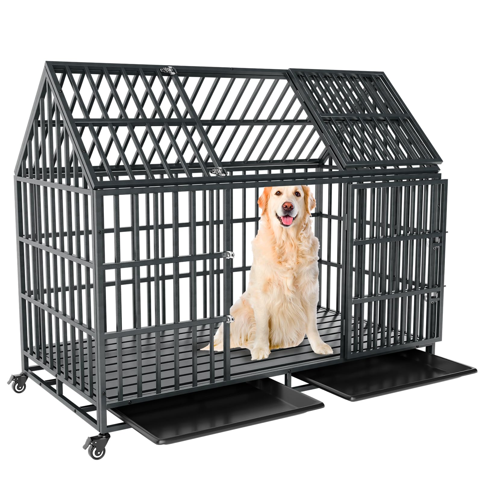 54 Inch Heavy Duty Dog Crate Extra Large Dog Cage Kennel, Indestructible XXL Dog Crate with Open Roof Top, Trays and Wheels, Escape-Proof for High Anxiety Giant Dogs