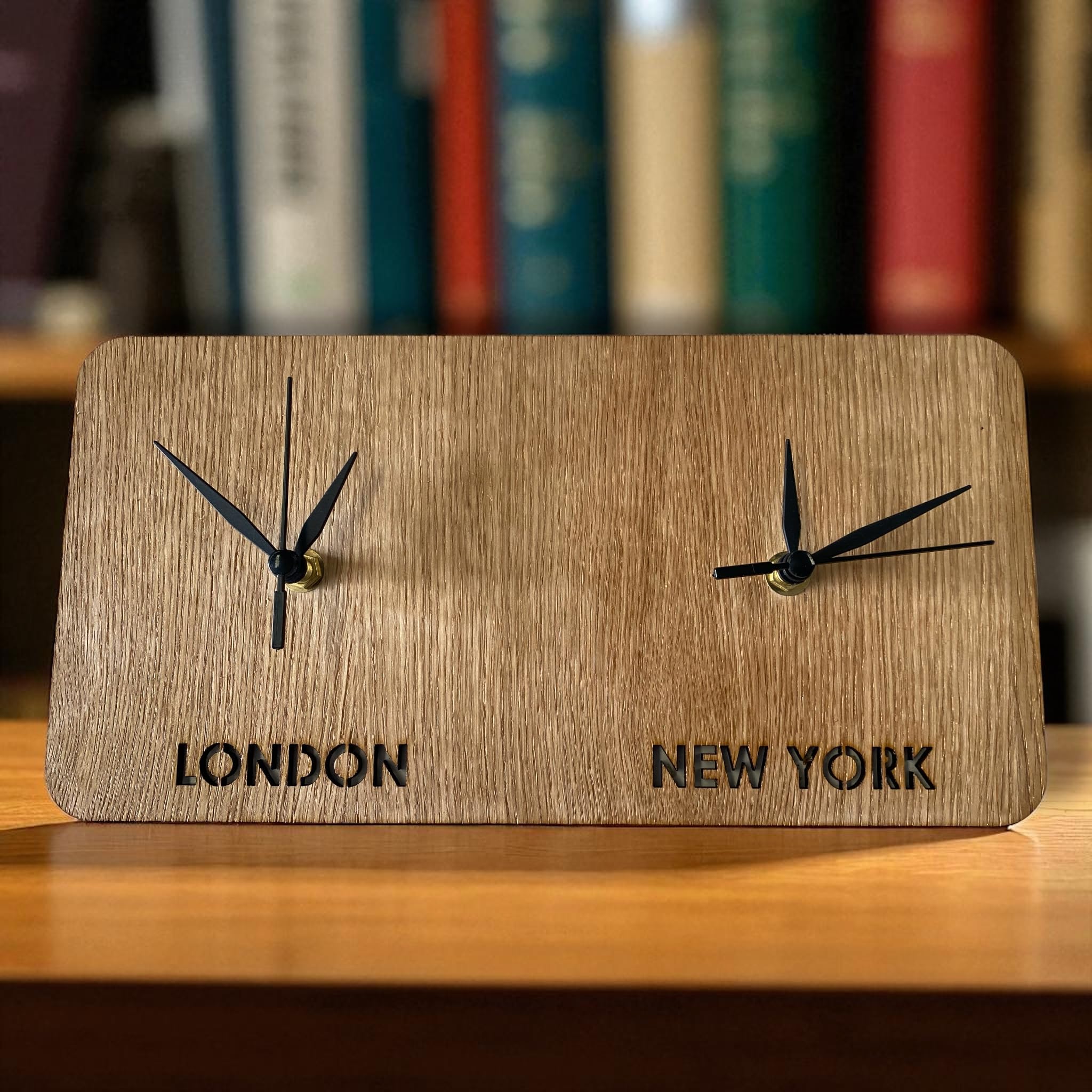 Dual Time Zone Wall Clock, Custom Names or Countries, Oak Wooden Design with Black Hands 30cm x 15cm