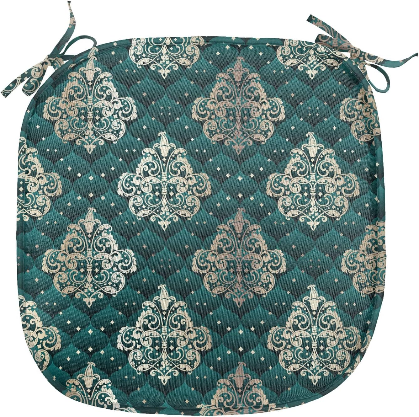 Ambesonne Damask Chair Seating Cushion Set of 4, French Pattern Inspired by Rococo Era Designs Intricate Renaissance Motifs, Anti-Slip Seat Padding for Kitchen & Patio, 16"x16", Dark Teal Eggshell