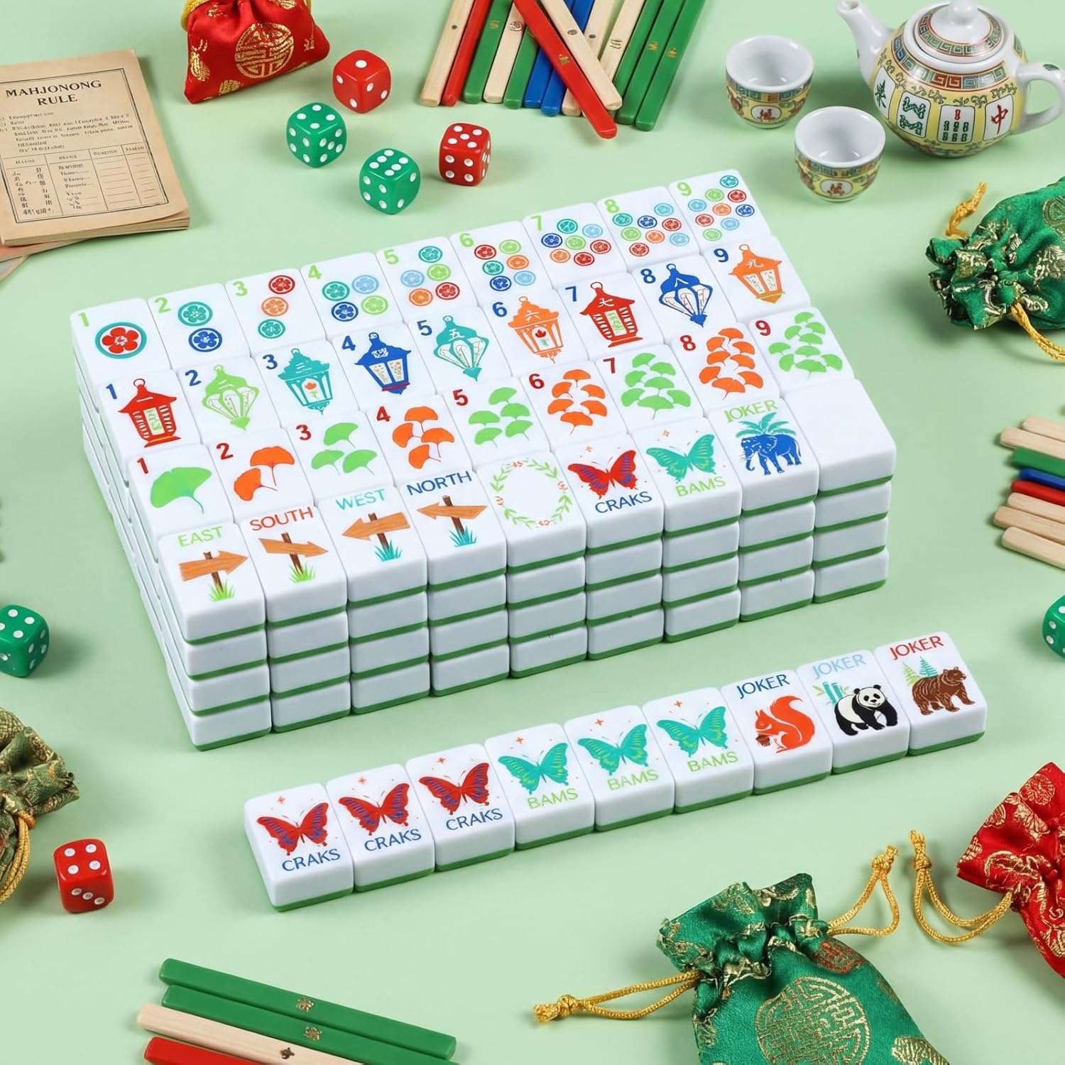 American Mahjong Sets 160 Mahjong Tiles Melamine Engraved Mah Jong Ideal for Home & Party Games(Animal Theme,Green)