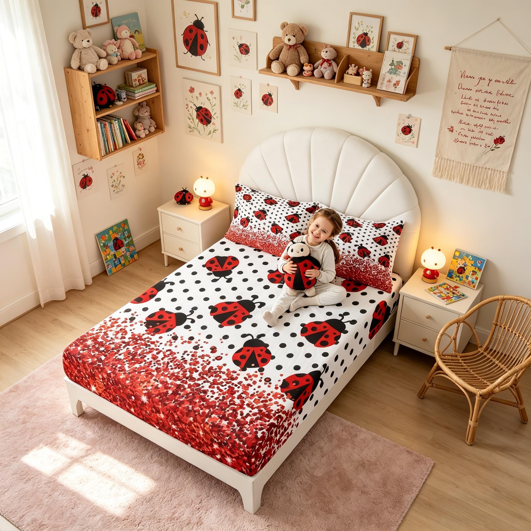 Parure de lit coccinelle rustique motif insecte géométrique pois pour lit simple enfant