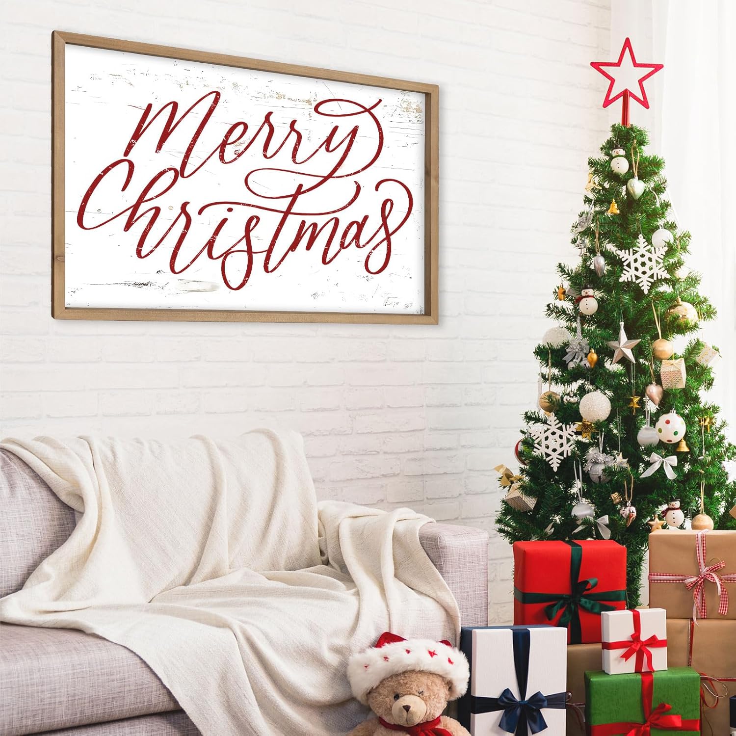 Merry Christmas Wall Decor Art Framed, 23.6×15.7 Inch Large Wooden Merry Christmas Sign, Xmas Holiday Indoor Living Room Bedroom Office Mantel Rustic Farmhouse Decorations for Home Kitchen