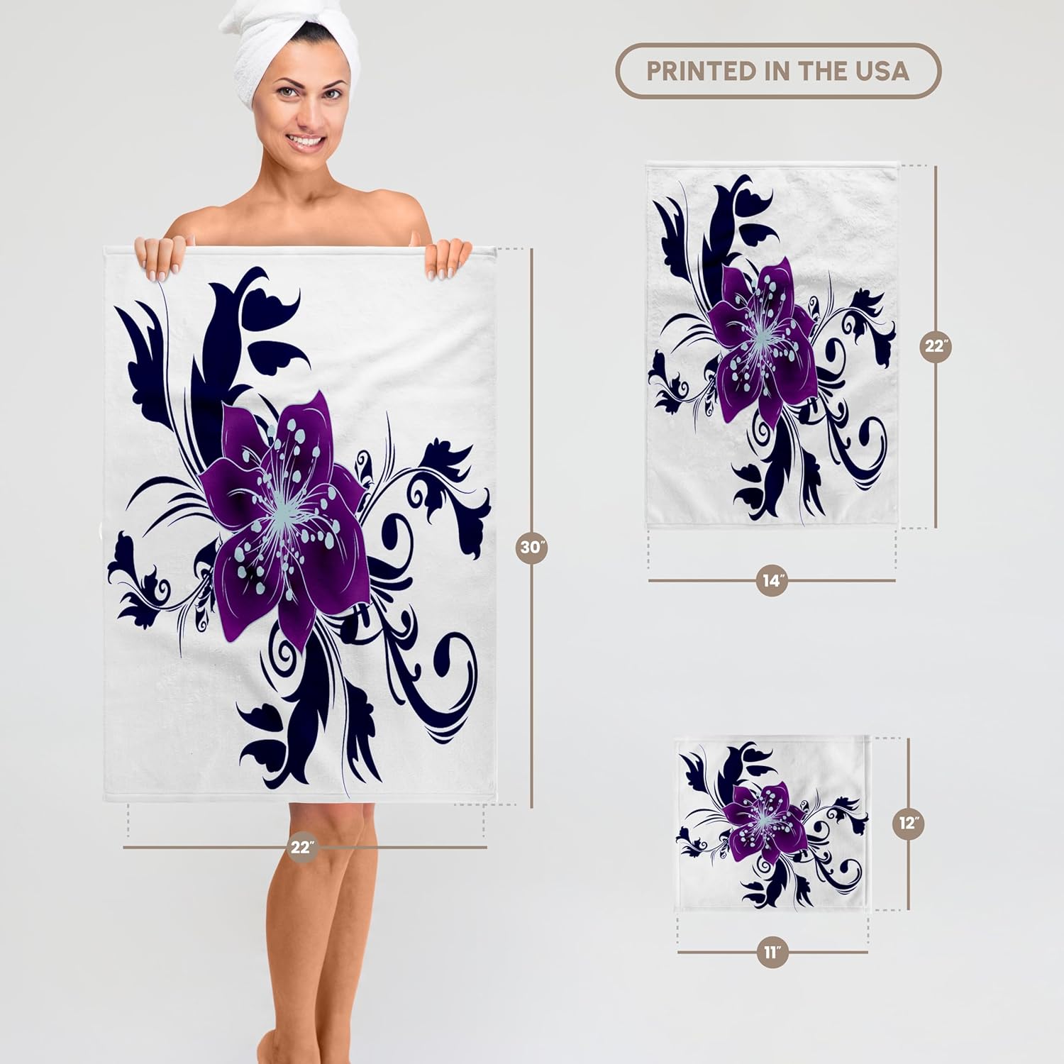 3dRose Pretty Purple Flower with Blue Flourishes Design 22x30 Bath Hand Pool Towel