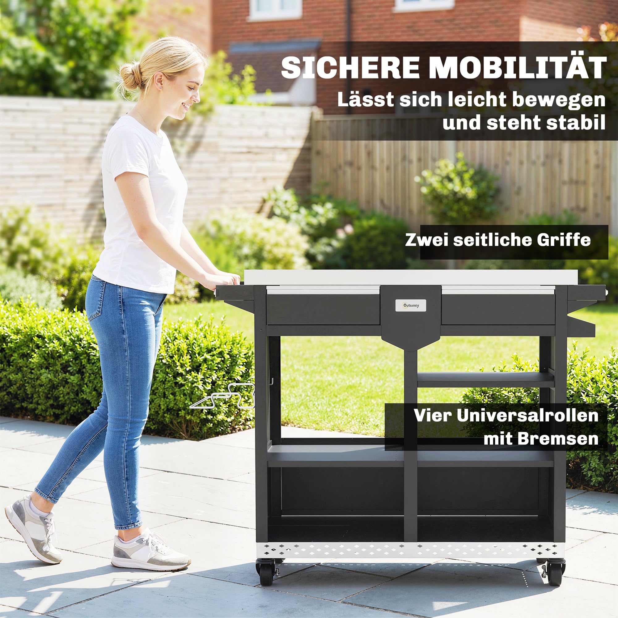 Outsunny Carrito de barbacoa de 5 niveles, mesa de barbacoa con superficie de trabajo de acero inoxidable, ajustable, estantes, cajón, ruedas, soporte para especias, soporte para bolsas de basura
