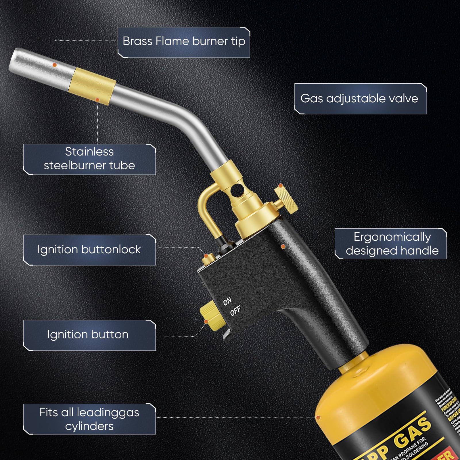 Torcia a Propano MAPP, Intensità di Fiamma Regolabile e Torcia a Gas con Tubo in Ottone Massiccio, Portatile e Resistente per Lavori Idraulici, Brasatura, Bruciatore di Erbacce, Saldatura di Tetti
