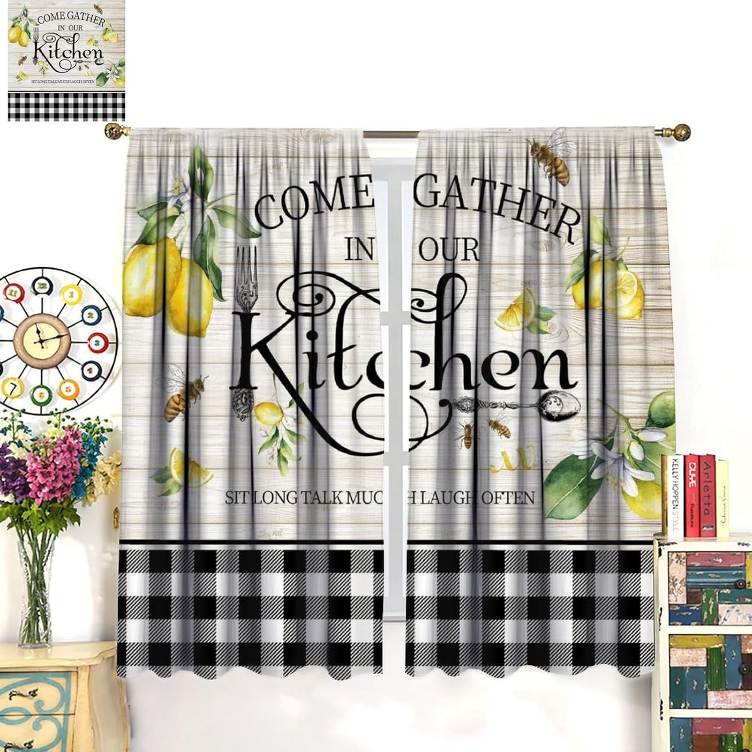 Lemon Kitchen Curtain Vintage Fruits Tableware Black White Grid Pattern Blackout Print Rod Pocket Window Drapes for Bedroom Living Room 42x54in
