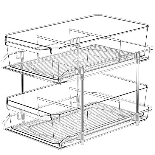 2 Tier Clear Organizer with Dividers for Cabinet, Shlef, Counter - MultiUse Slide-Out Storage Container - Kitchen, Pantry, Medicine Cupboard Bins, Bathroom, Vanity Makeup, Under Sink Organizing