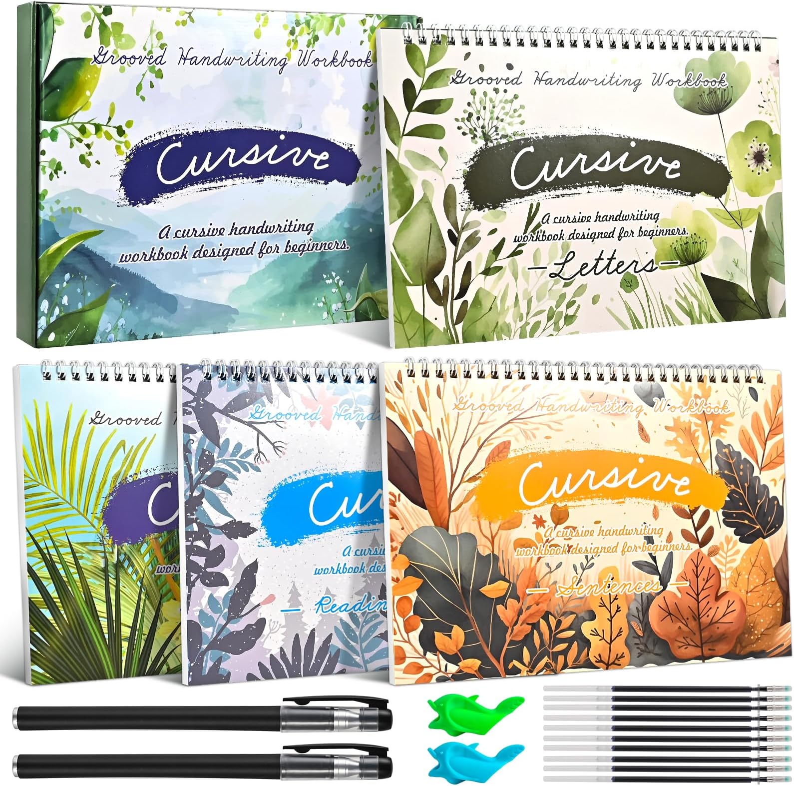 4-Pack Reusable Grooved Cursive Handwriting Workbooks with Disappearing Ink Pens, Cursive Practice Kit for Letters, Words, Sentences & Reading, Cursive Handwriting Workbook Ages 6–12