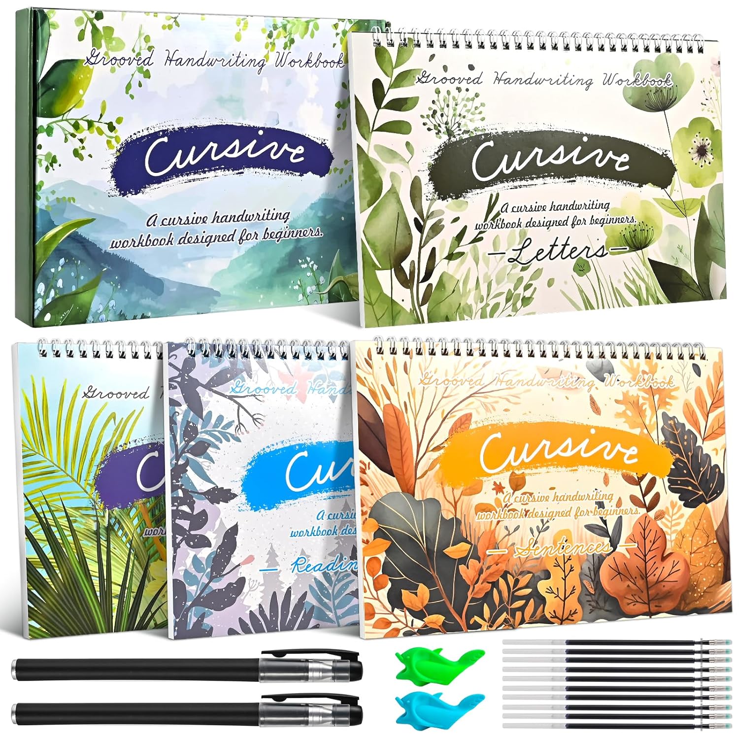4-Pack Reusable Grooved Cursive Handwriting Workbooks with Disappearing Ink Pens, Cursive Practice Kit for Letters, Words, Sentences & Reading, Cursive Handwriting Workbook Ages 6–12