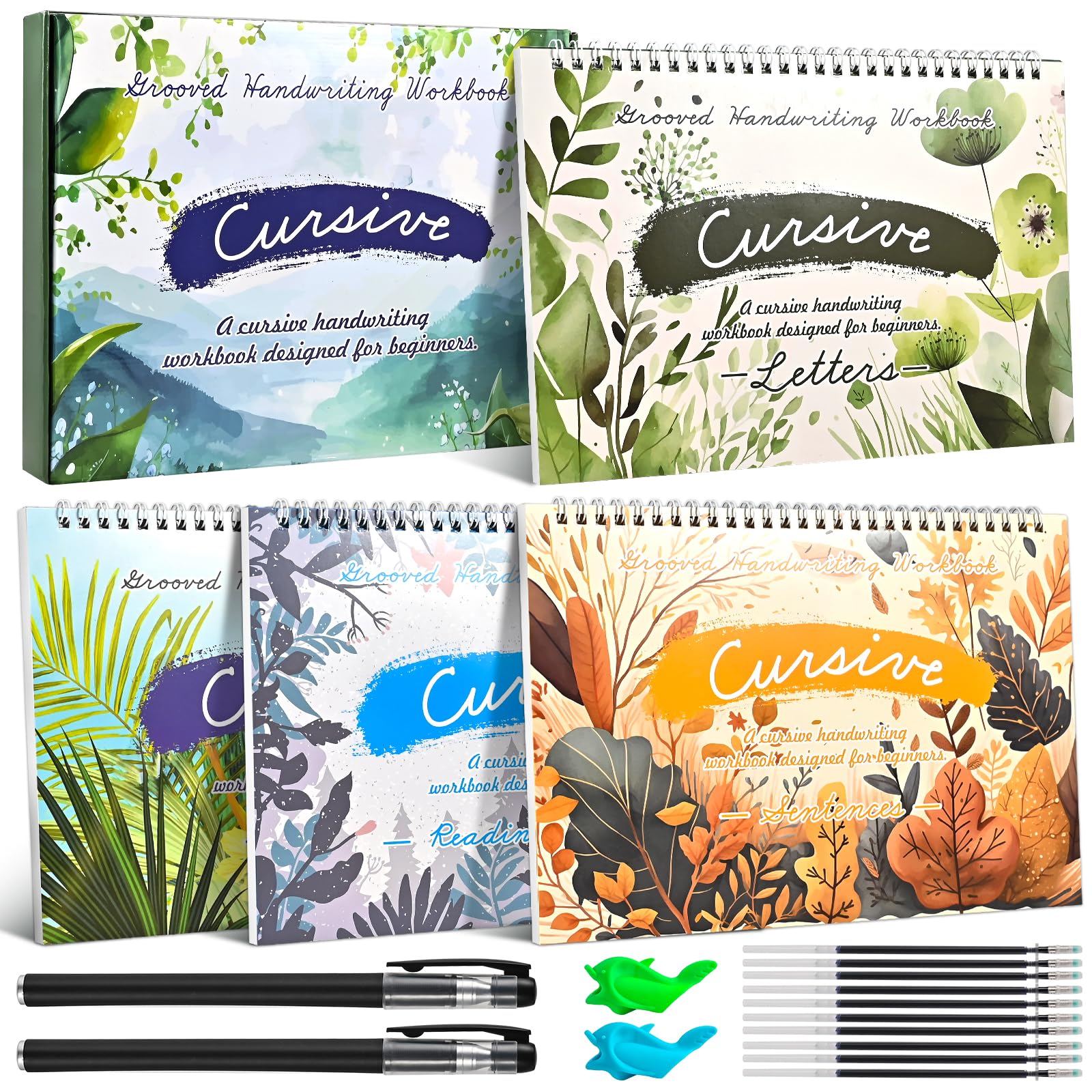 4-Pack Reusable Grooved Cursive Handwriting Workbooks with Disappearing Ink Pens, Cursive Practice Kit for Letters, Words, Sentences & Reading, Cursive Handwriting Workbook Ages 6–12