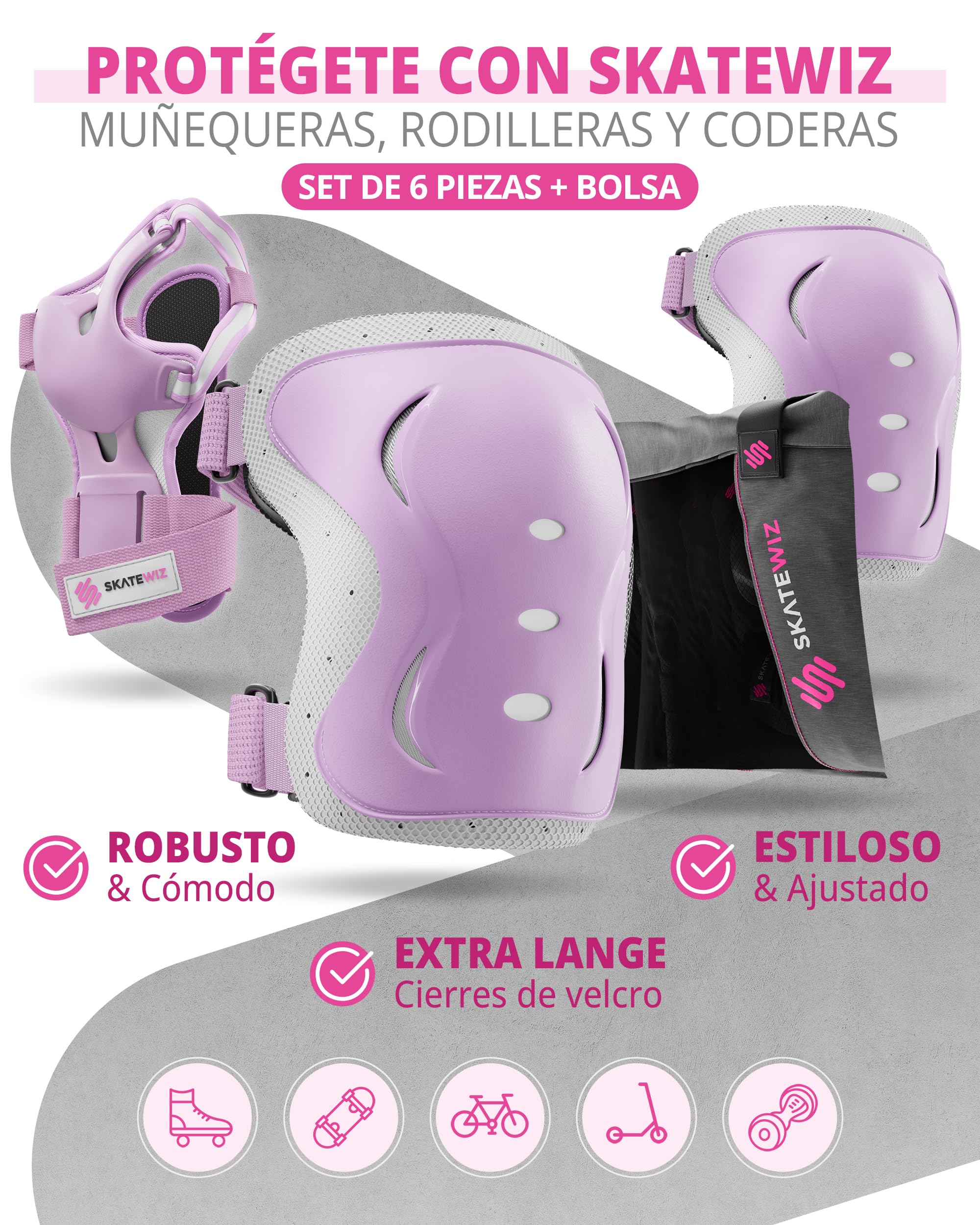 SKATEWIZ Protecciones Patines Set - Para Niño, Niña, Adolescentes y Adultos [6 piezas] con Rodilleras y Coderas Muñequeras - Protecciones Patines Niño - 4