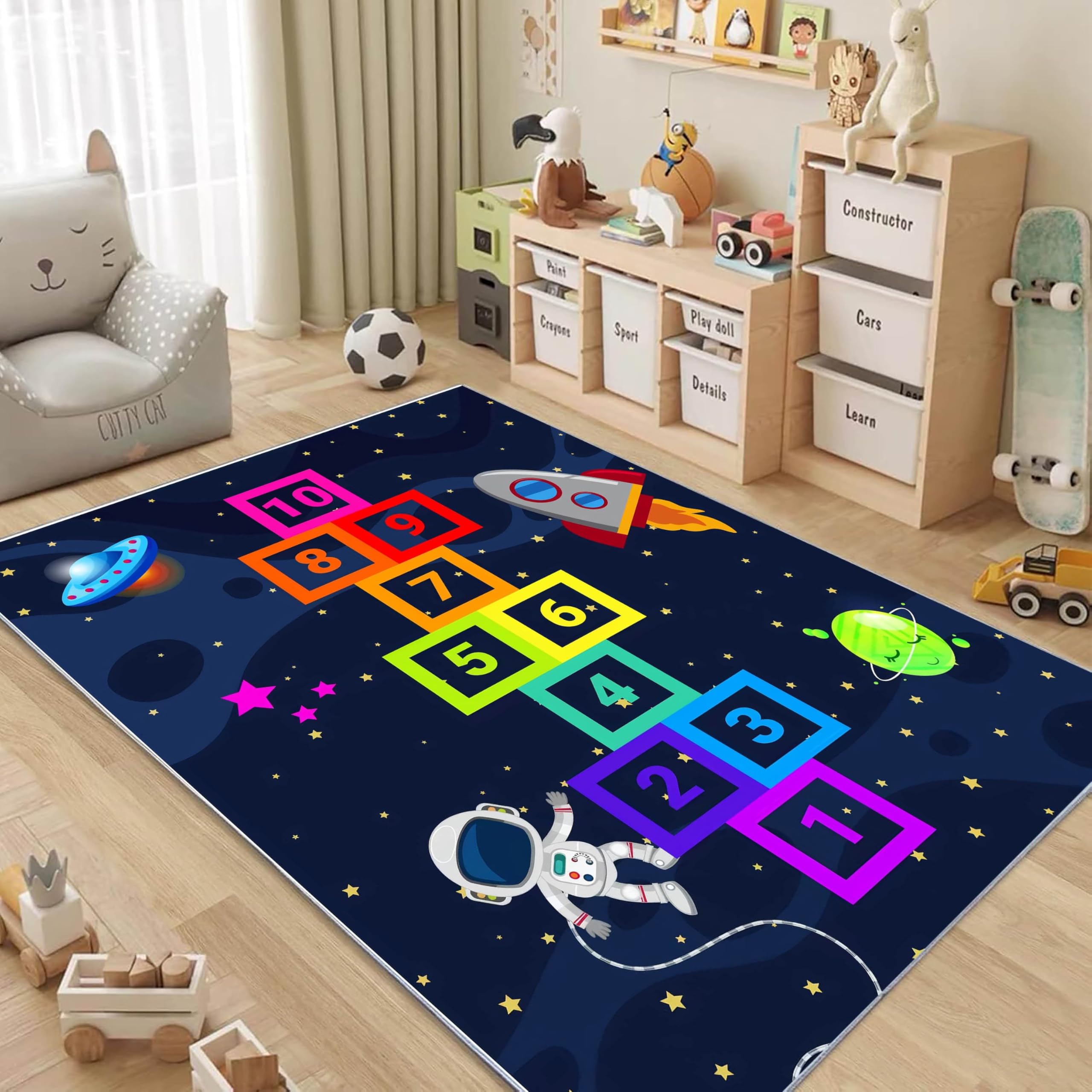 ZCLRUG Cartoon Hopscotch Play Area Rug, 180 x 230 cm universe astronaut Rocket Colorful number Educational Rug, Soft Non-Slip Washable Dark blue Floor mat for Playroom Living Room indoor Carpet