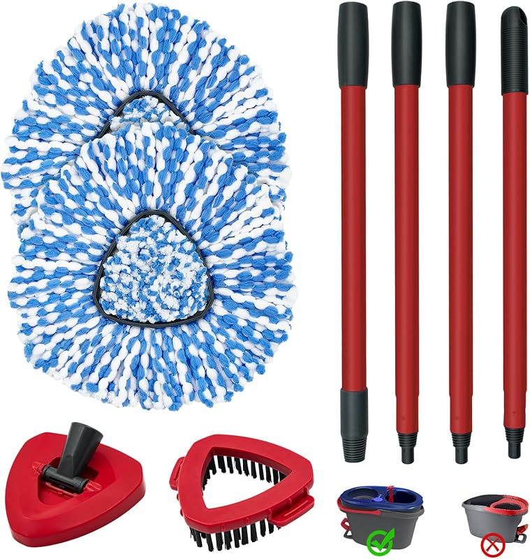Spin Mop Handle, Mop Heads Replacements,Scrubber Brush and Mop Base Compatible with Ocedar RinseClean 2-Tank System, Mop Handle and Head Replacement Combo Set for Wet Dry Use Floor Cleaning